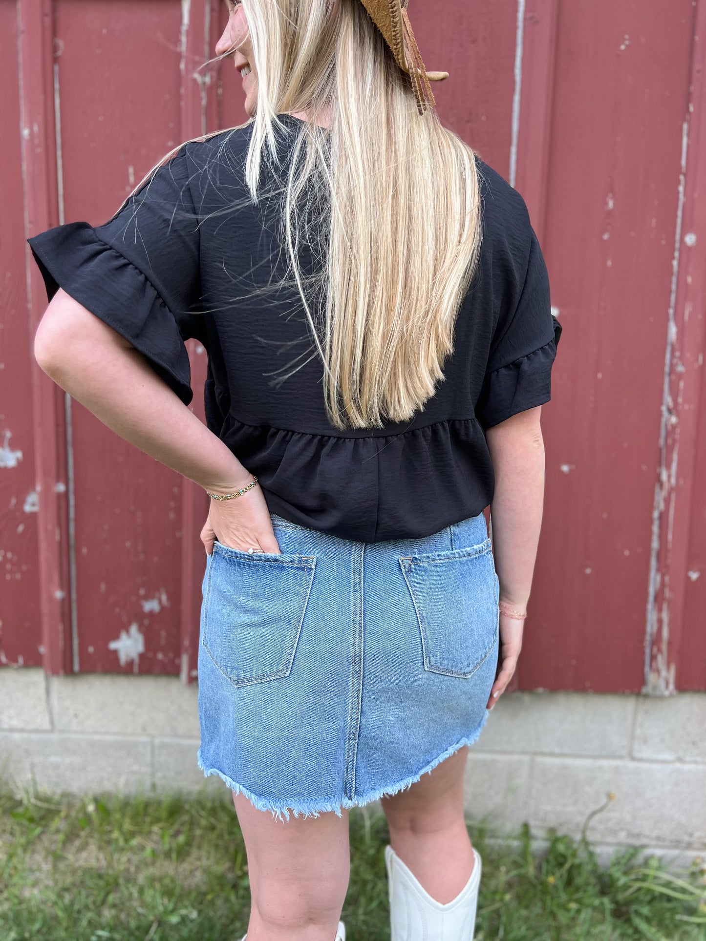 High Rise Frayed Denim Mini Skirt