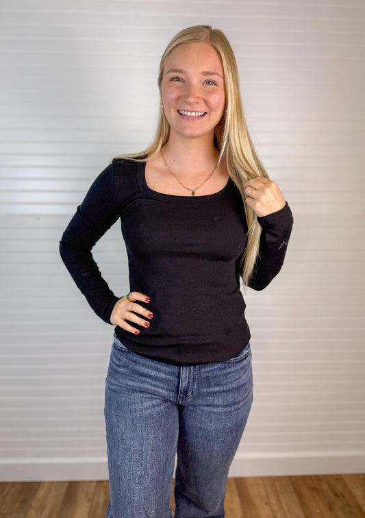 Scoop Neck Ribbed Long Sleeve - Black