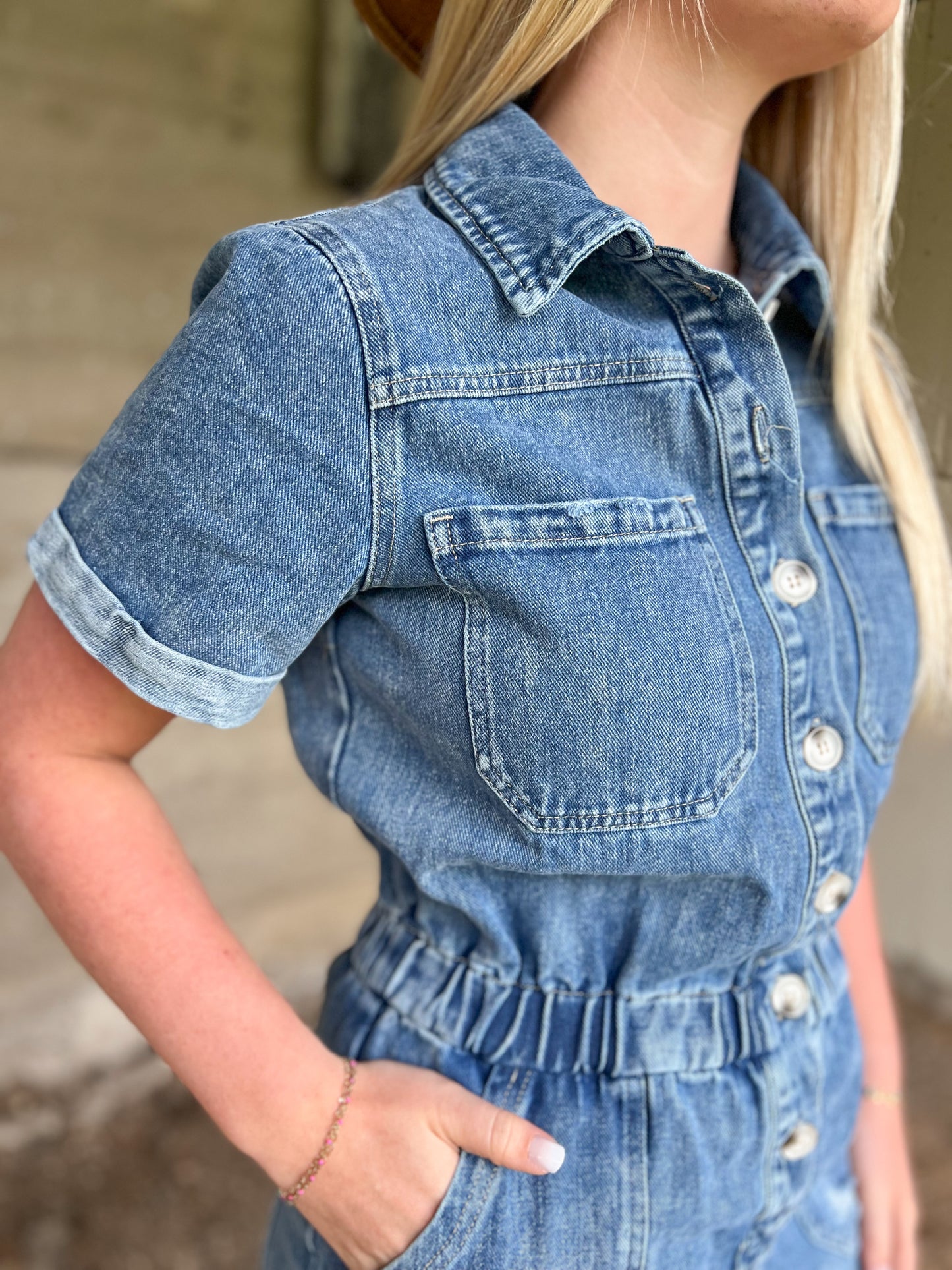 Washed Denim Romper - Medium Wash