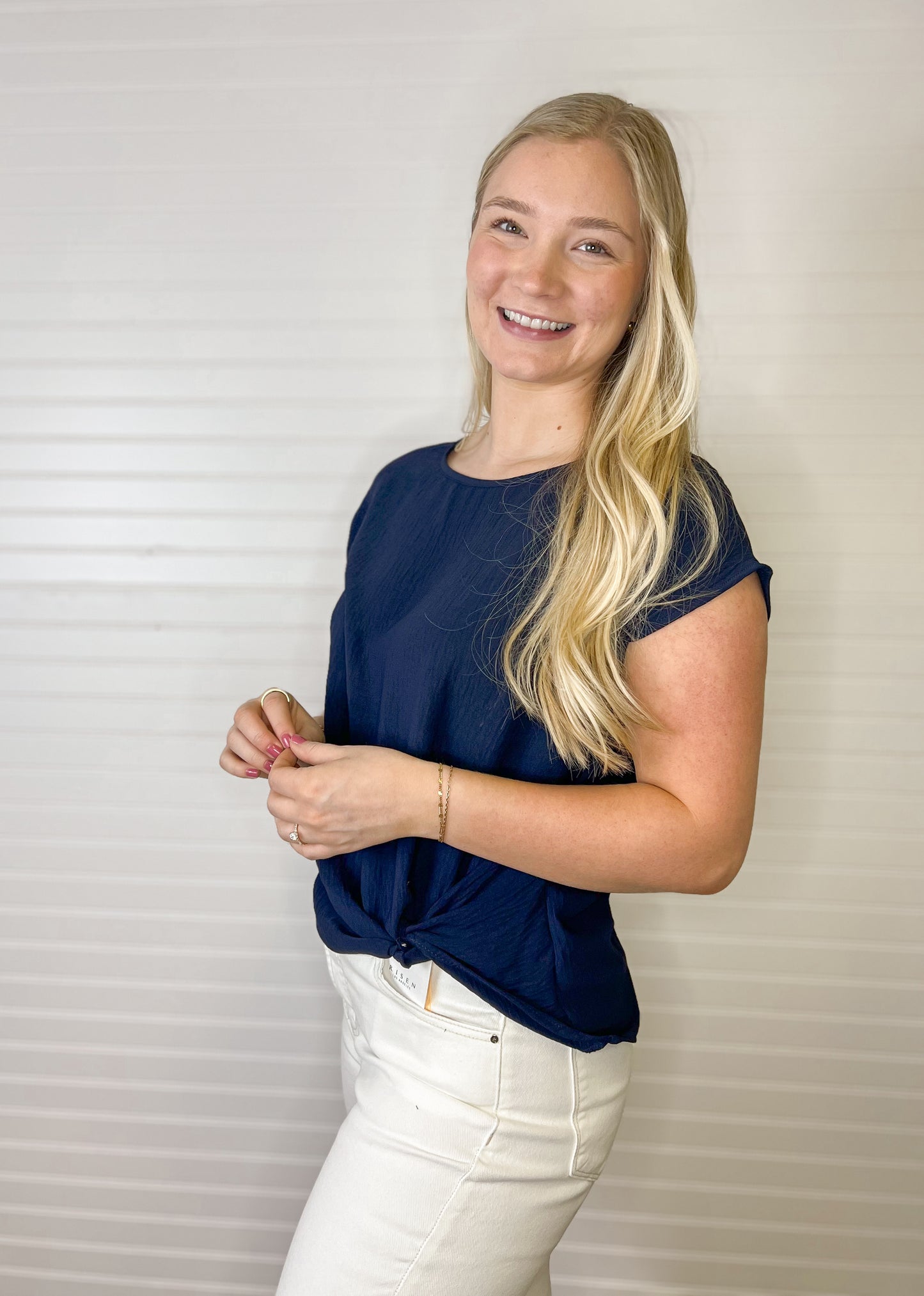 Short Sleeve Twist Hem Top - Navy