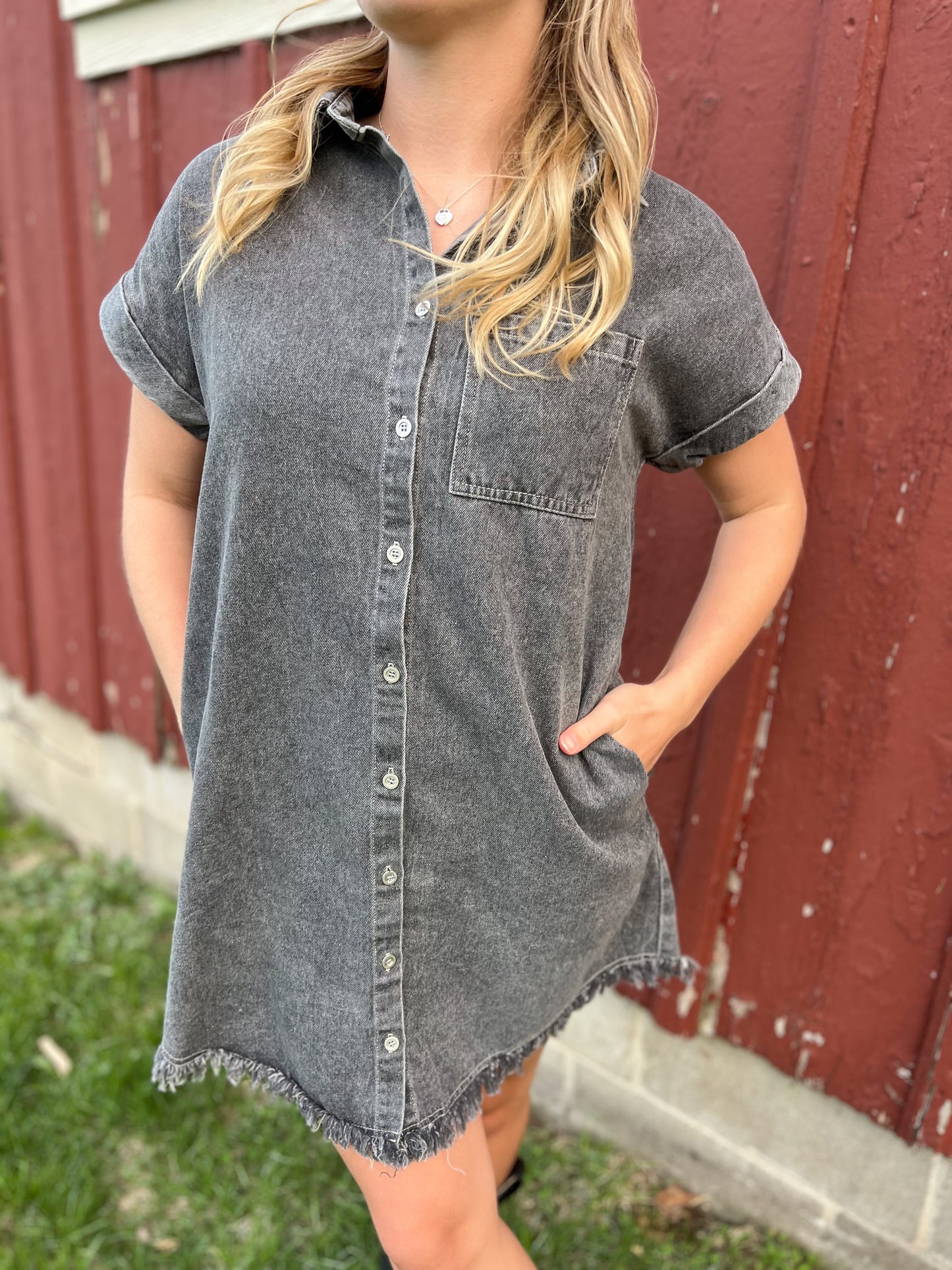 Frayed Hem Denim Dress - Black