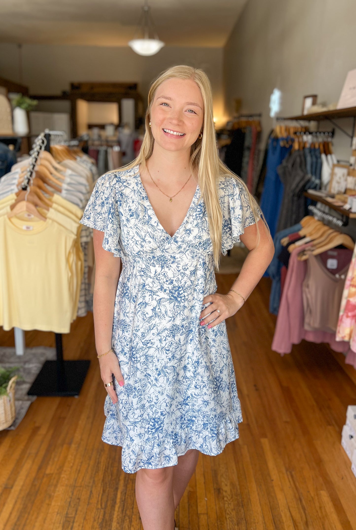 Ruffle Short Sleeve Back Tie Dress - Blue/Ivory