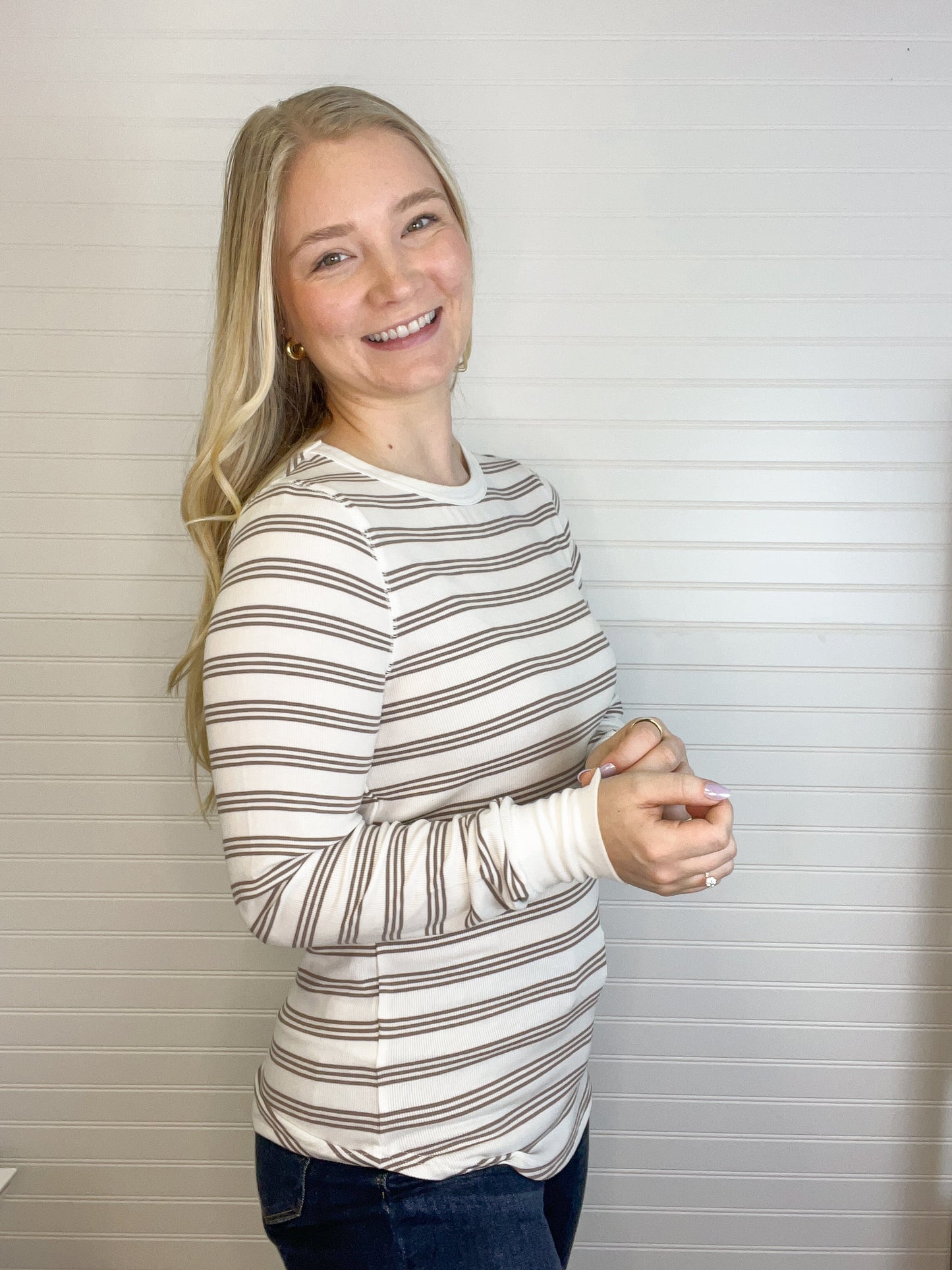 Basic Striped Ribbed Long Sleeve - White/Taupe