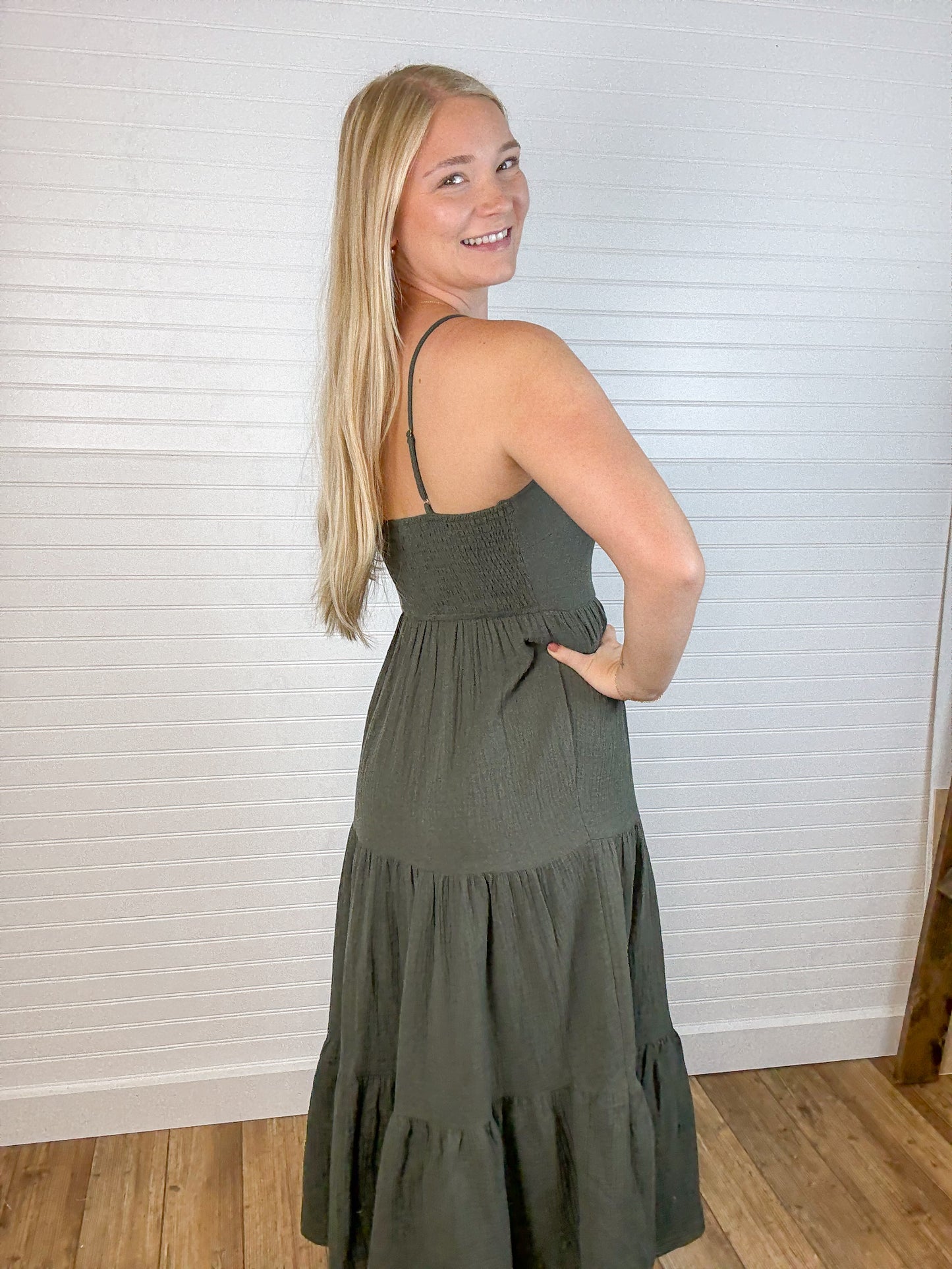 Cotton Tiered Midi Dress - Deep Olive