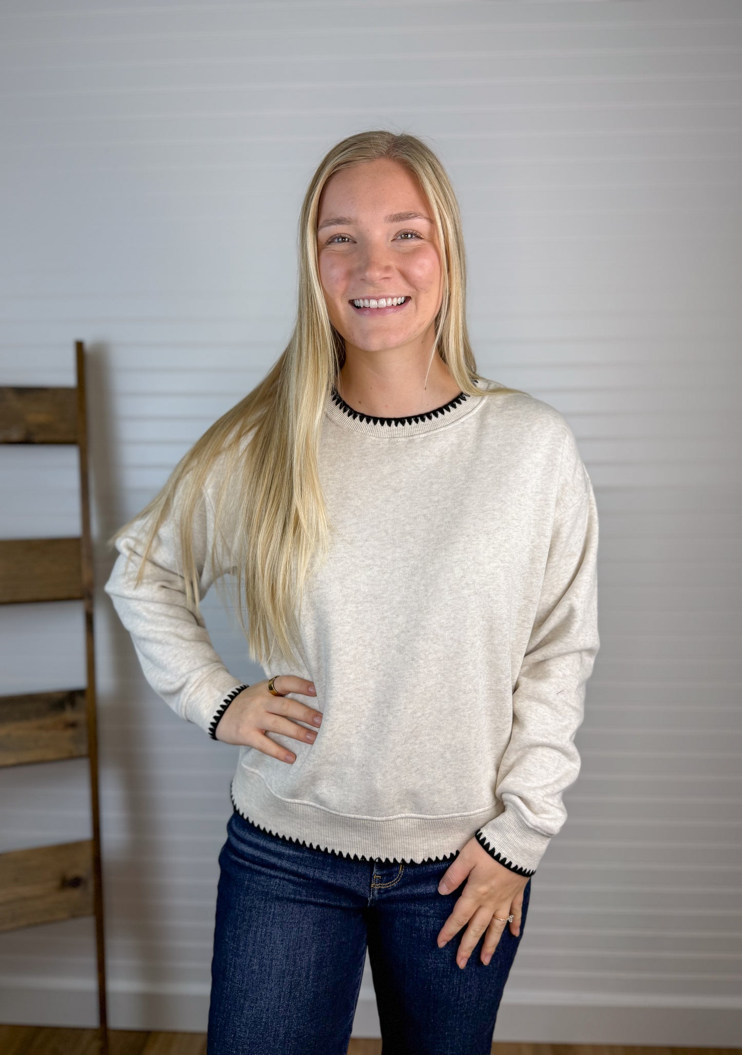 Stitch Detail Soft Crewneck Top - Oatmeal