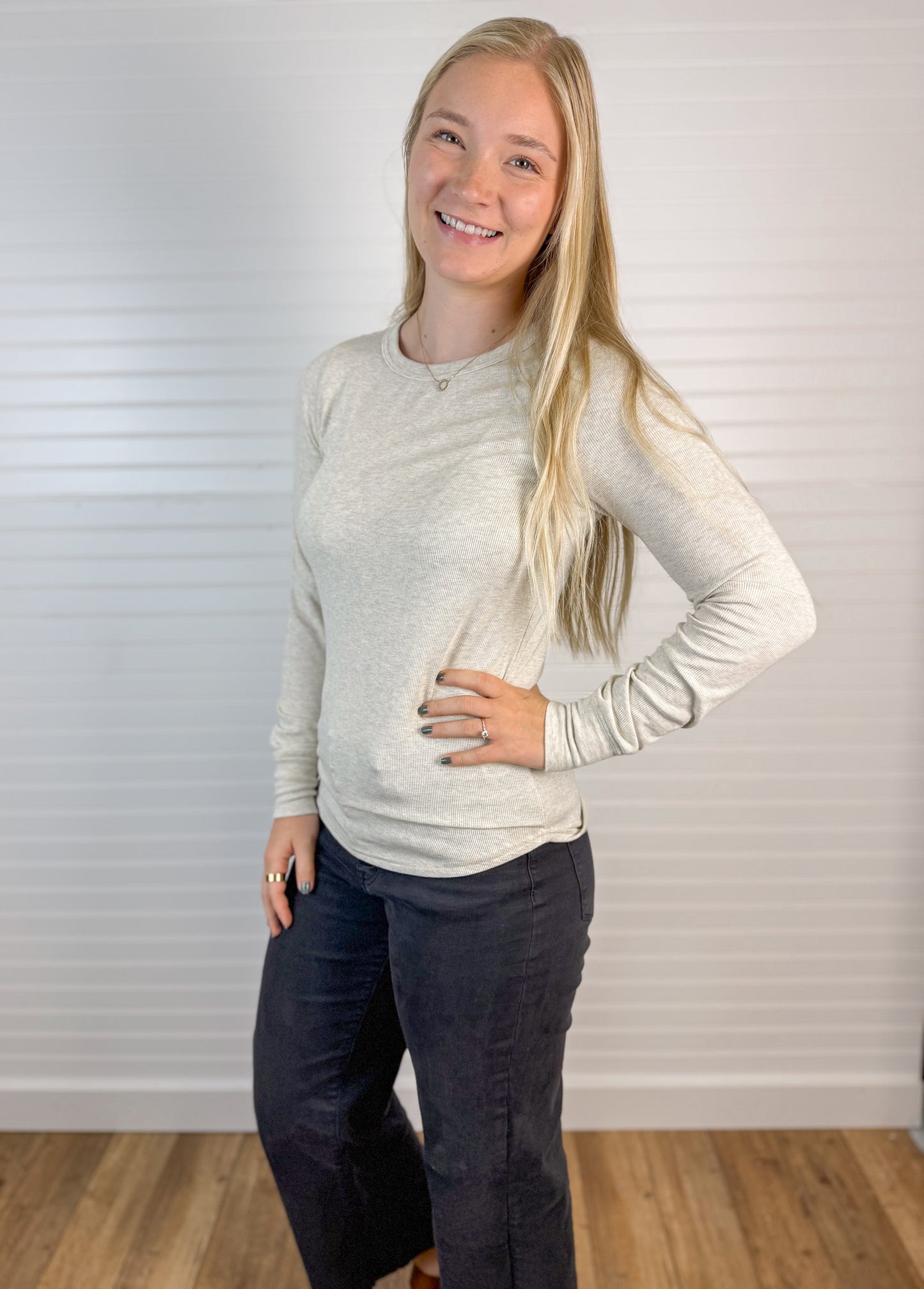 Basic Ribbed Long Sleeve Top - Sand Heather