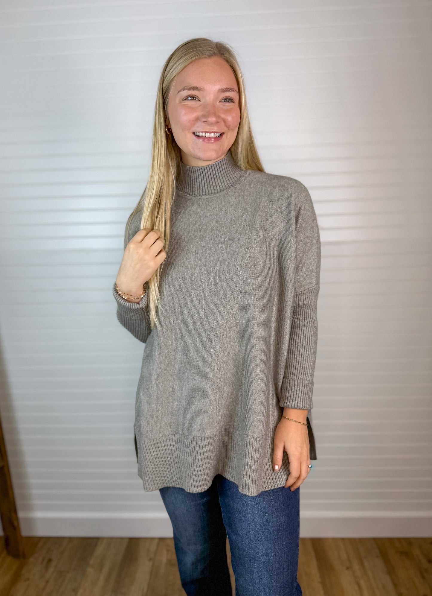 Oversized Mock Neck Side Slit Sweater - Grey