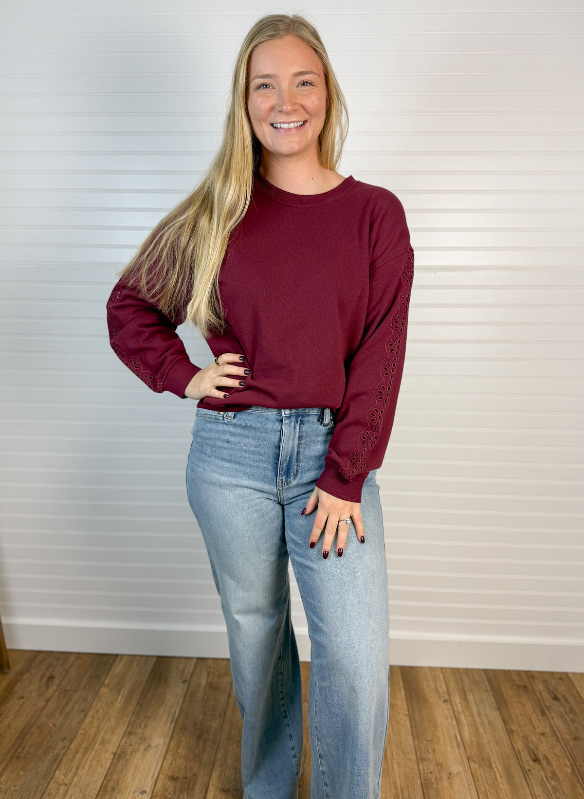 Embroidered Sleeve Detail Top - Maroon