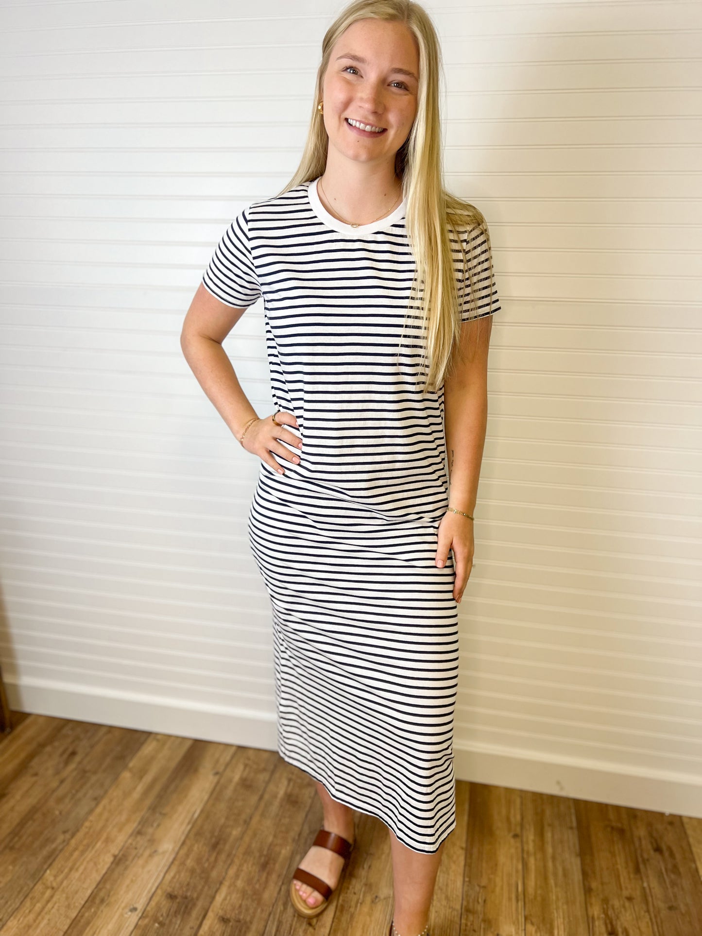 Cotton Striped Midi Dress - Navy/White