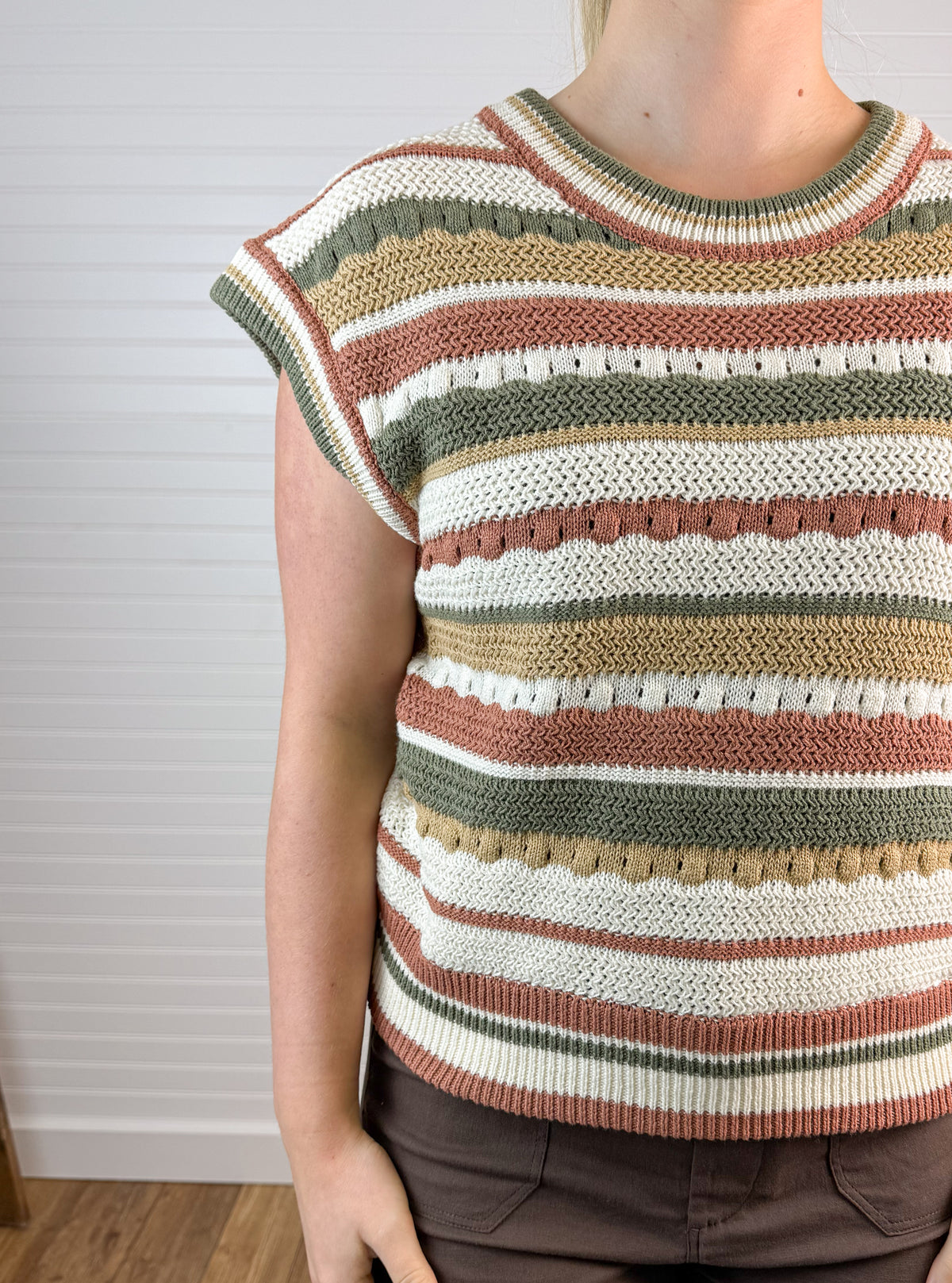 Textured Stripe Sweater Vest - Olive Multi