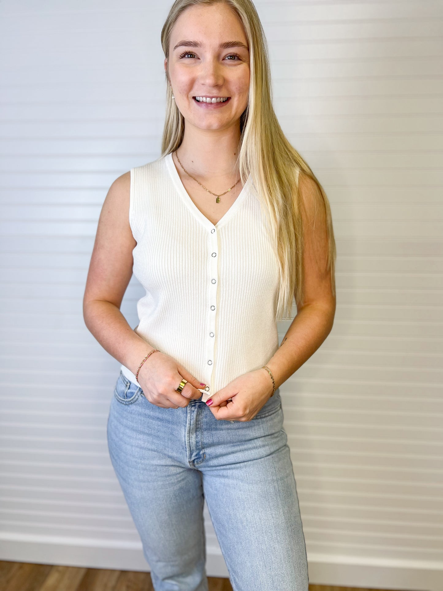 Ribbed Knit Button-Up Sweater Tank - Ivory