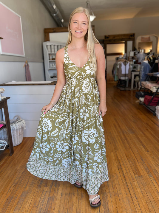 Resort Print Maxi Dress - Olive