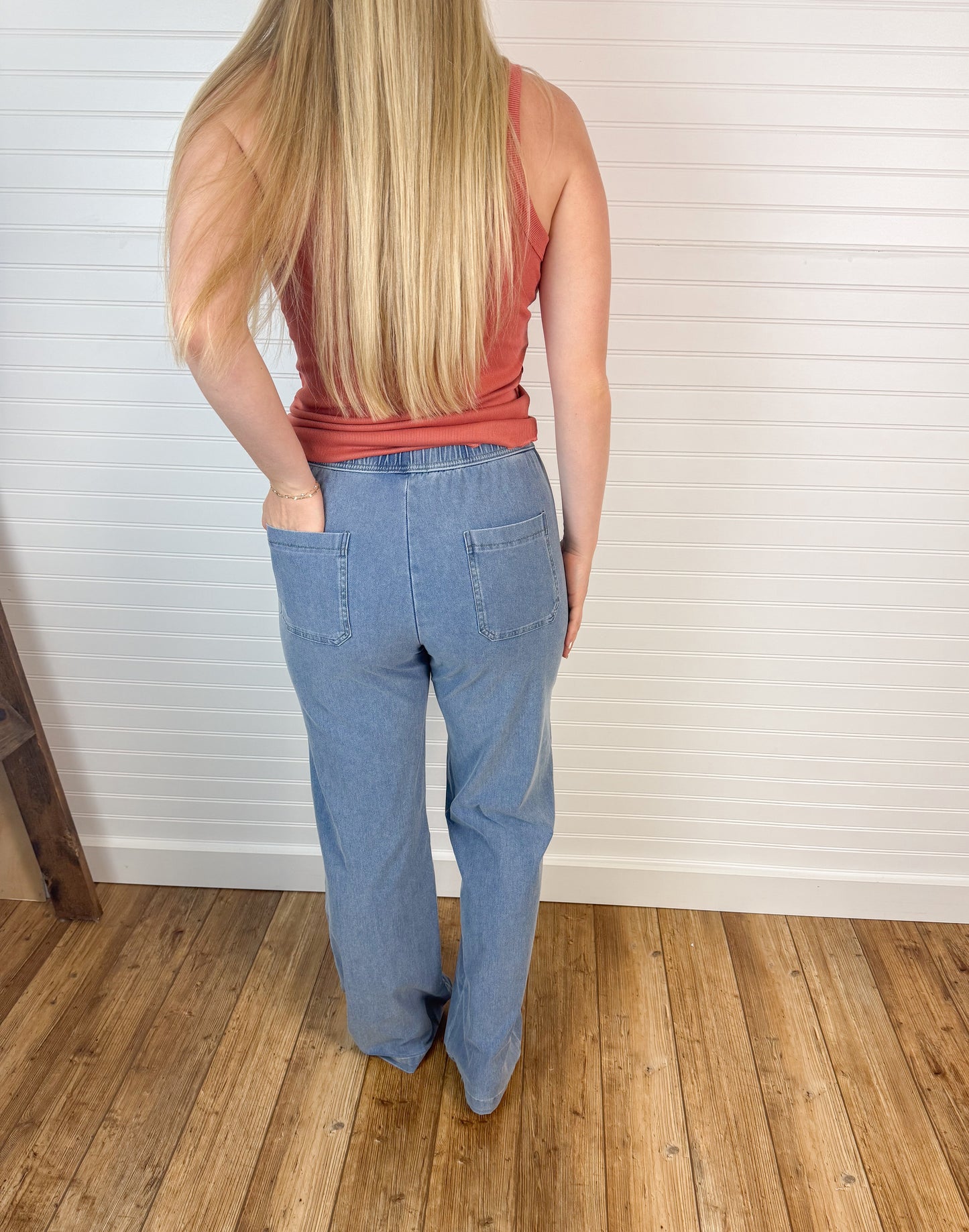 Knit Denim Wide Leg Pull On Pants
