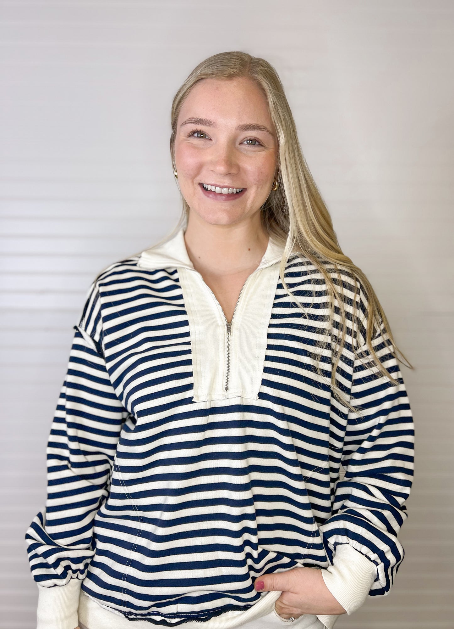 Quarter Zip Striped Pullover - Navy