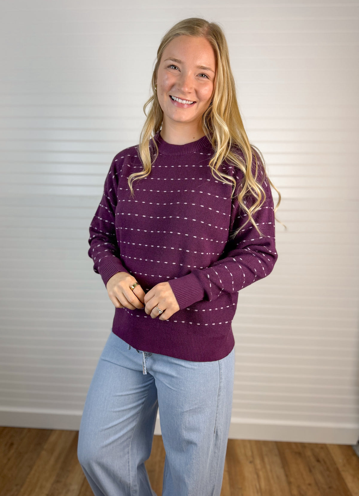 Dotted Striped Relaxed Sweater Top - Plum