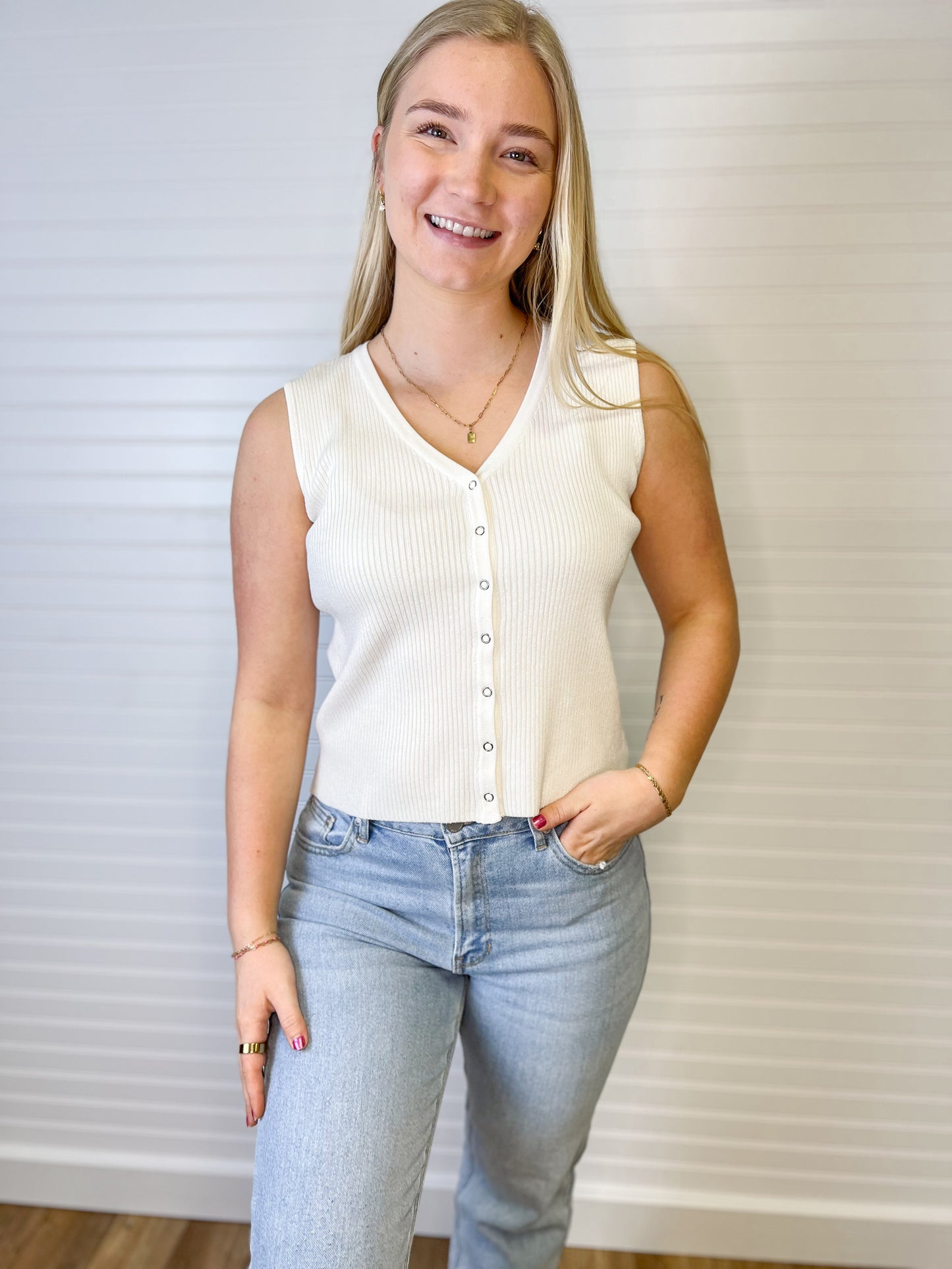 Ribbed Knit Button-Up Sweater Tank - Ivory