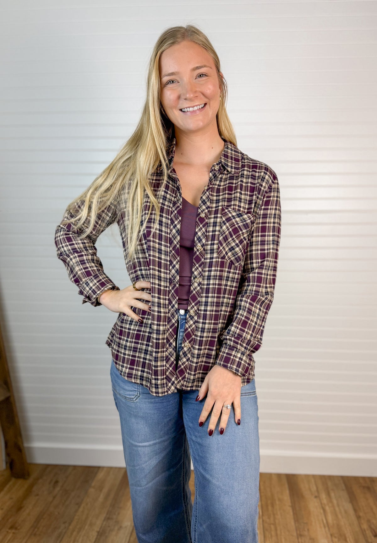 Flannel Plaid Button Down Top - Plum