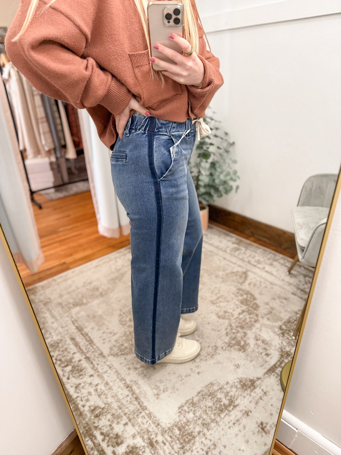 Elastic Band Cropped Wide Leg Denim