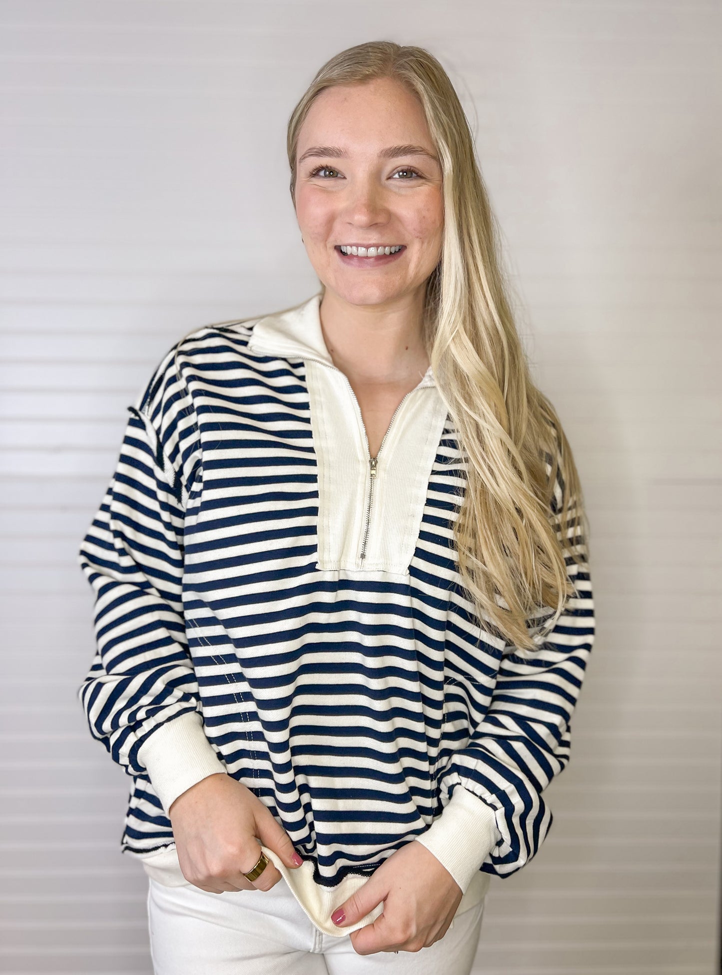 Quarter Zip Striped Pullover - Navy