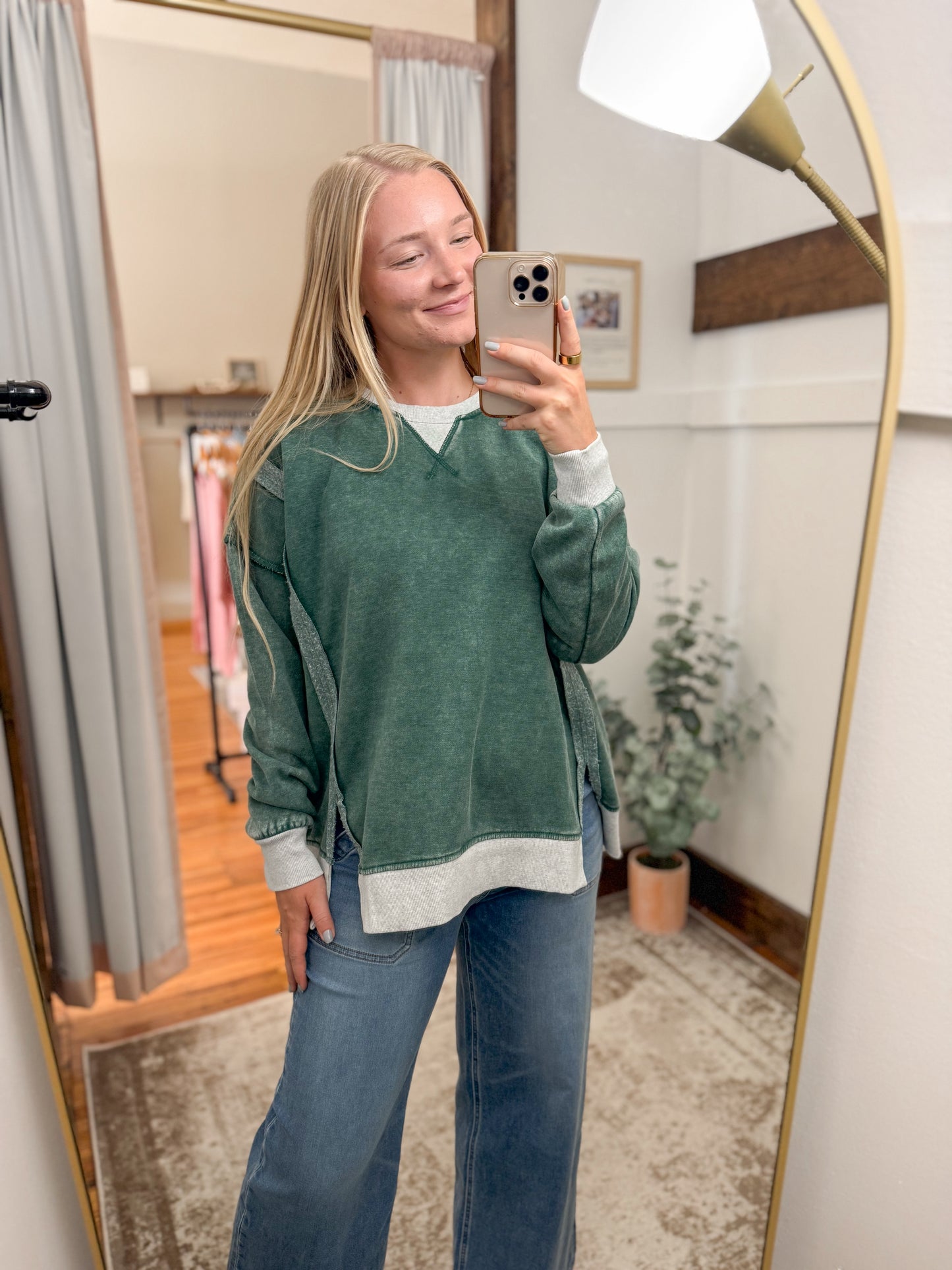 PLUS Fleece Acid Washed Contrast Pullover - Green