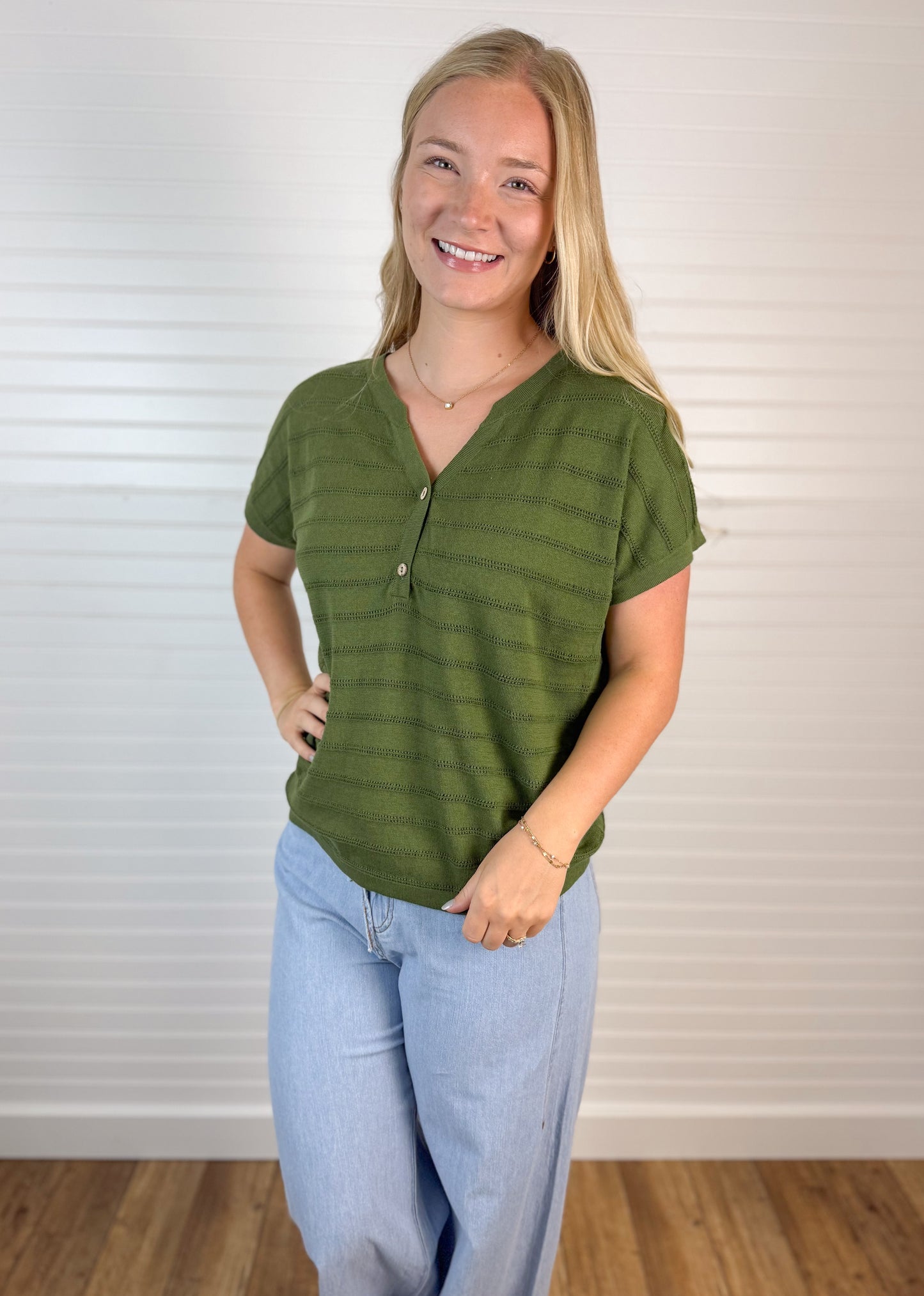 Pointelle Henley Knit Top - Olive