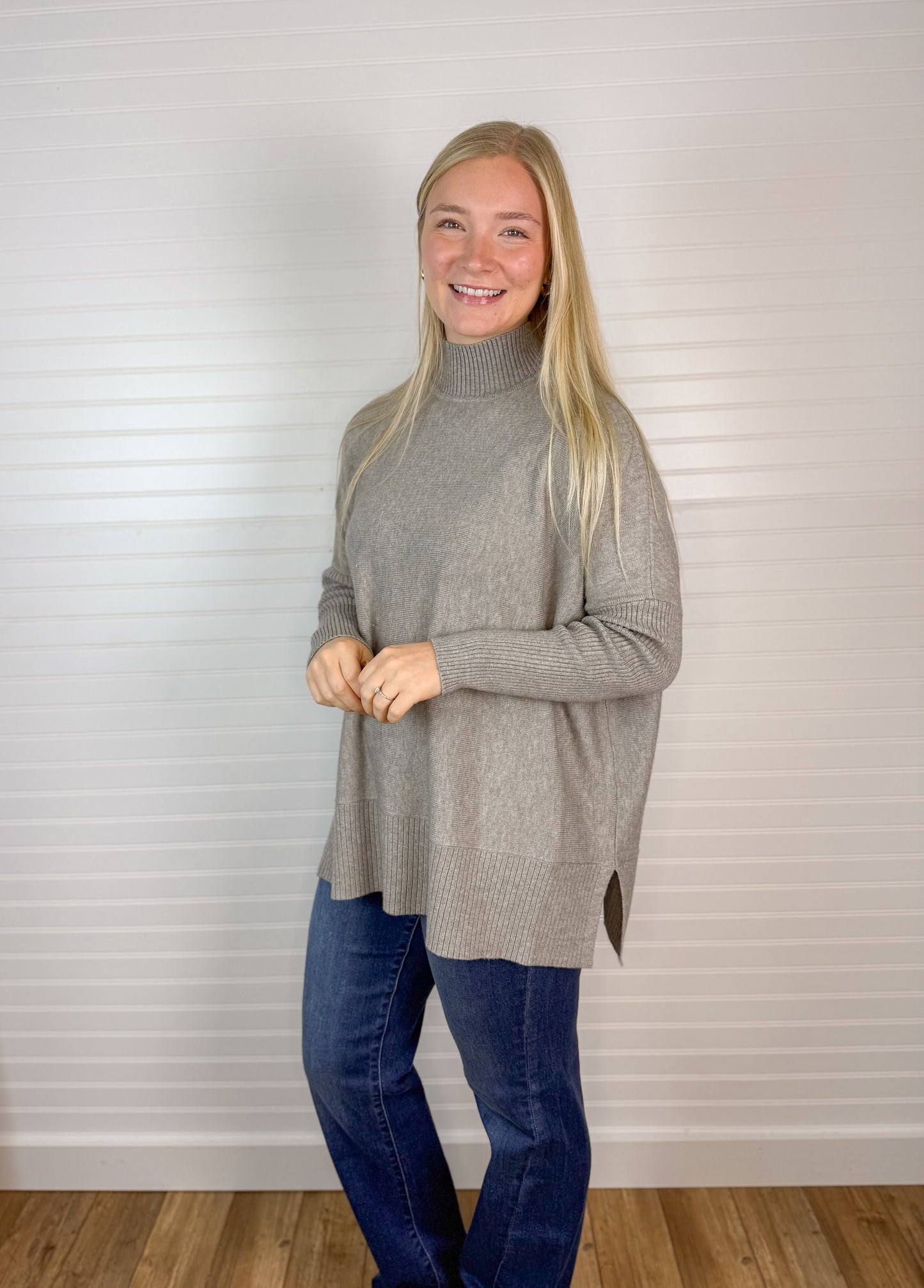 Oversized Mock Neck Side Slit Sweater - Grey