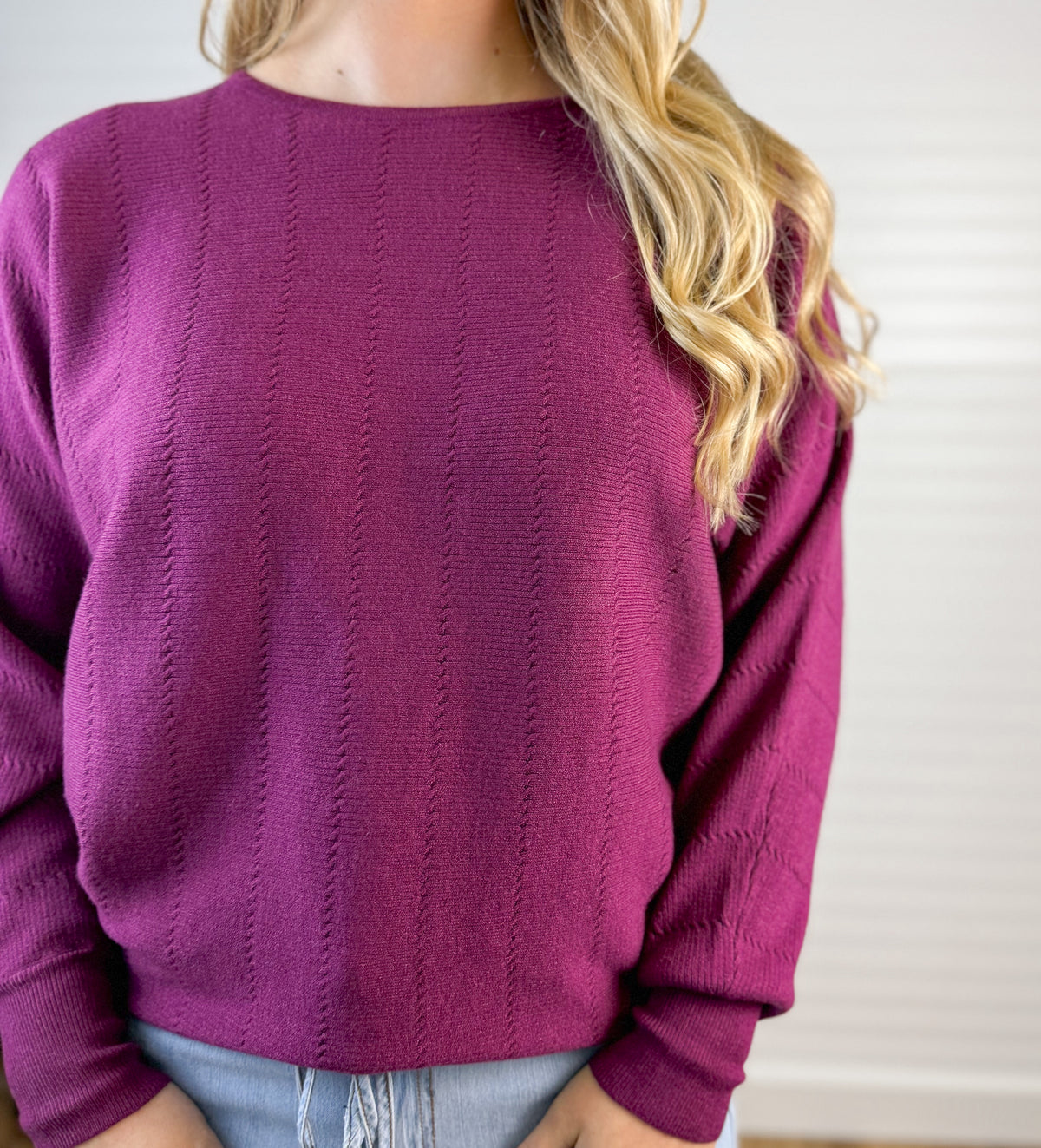 Textured Dolman Boat Neck Top - Plum