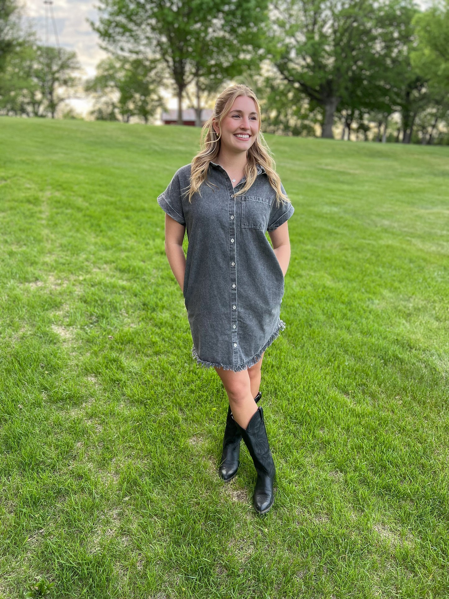 Frayed Hem Denim Dress - Black