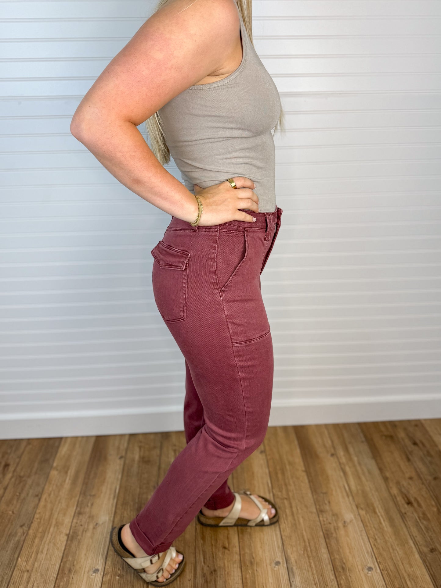 High Waist Weekender Cuffed Denim - Burgundy