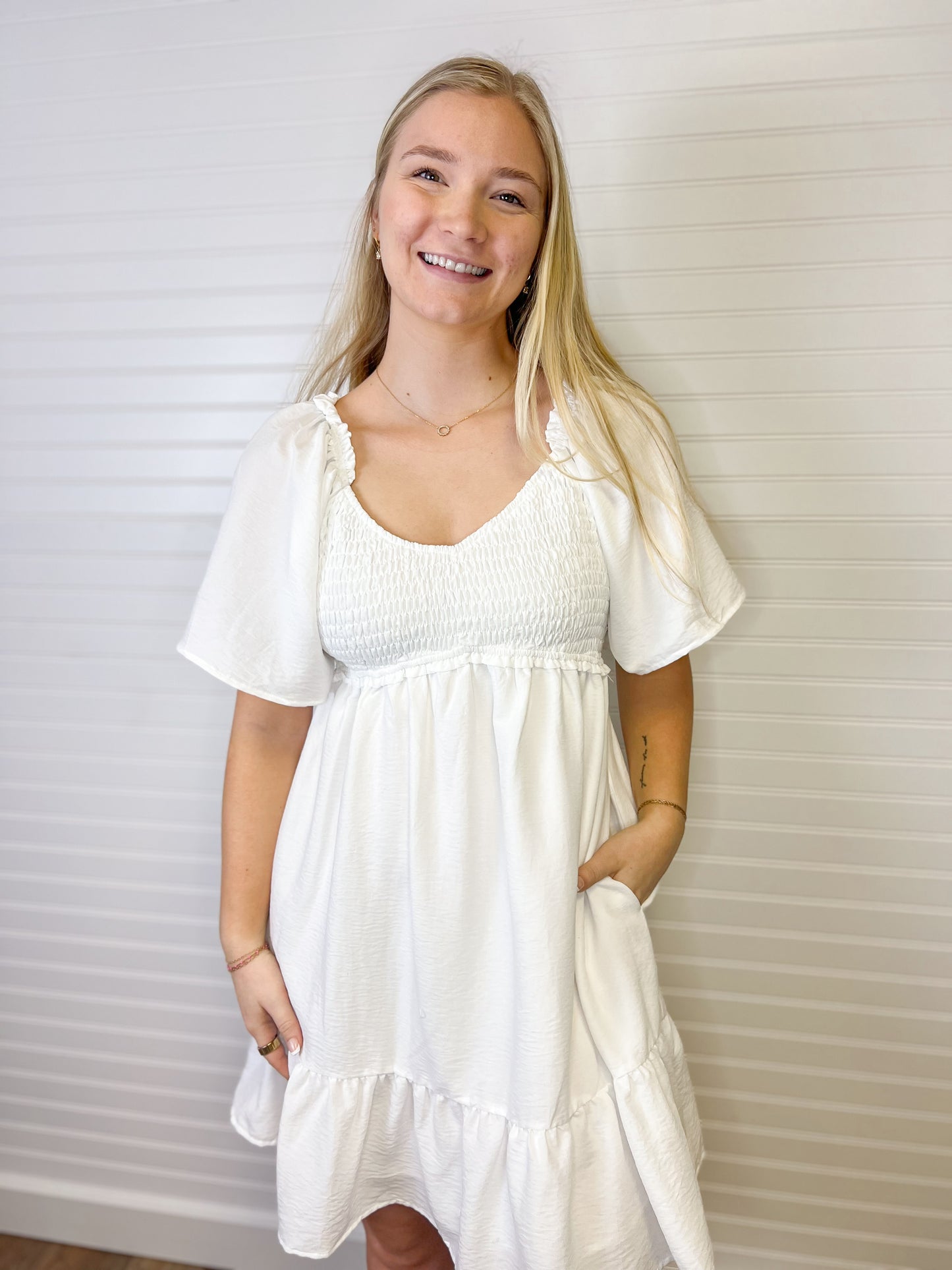 Flare Smocked Mini Dress - Off White