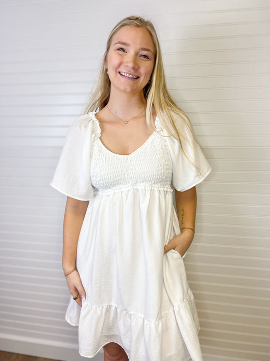 Flare Smocked Mini Dress - Off White