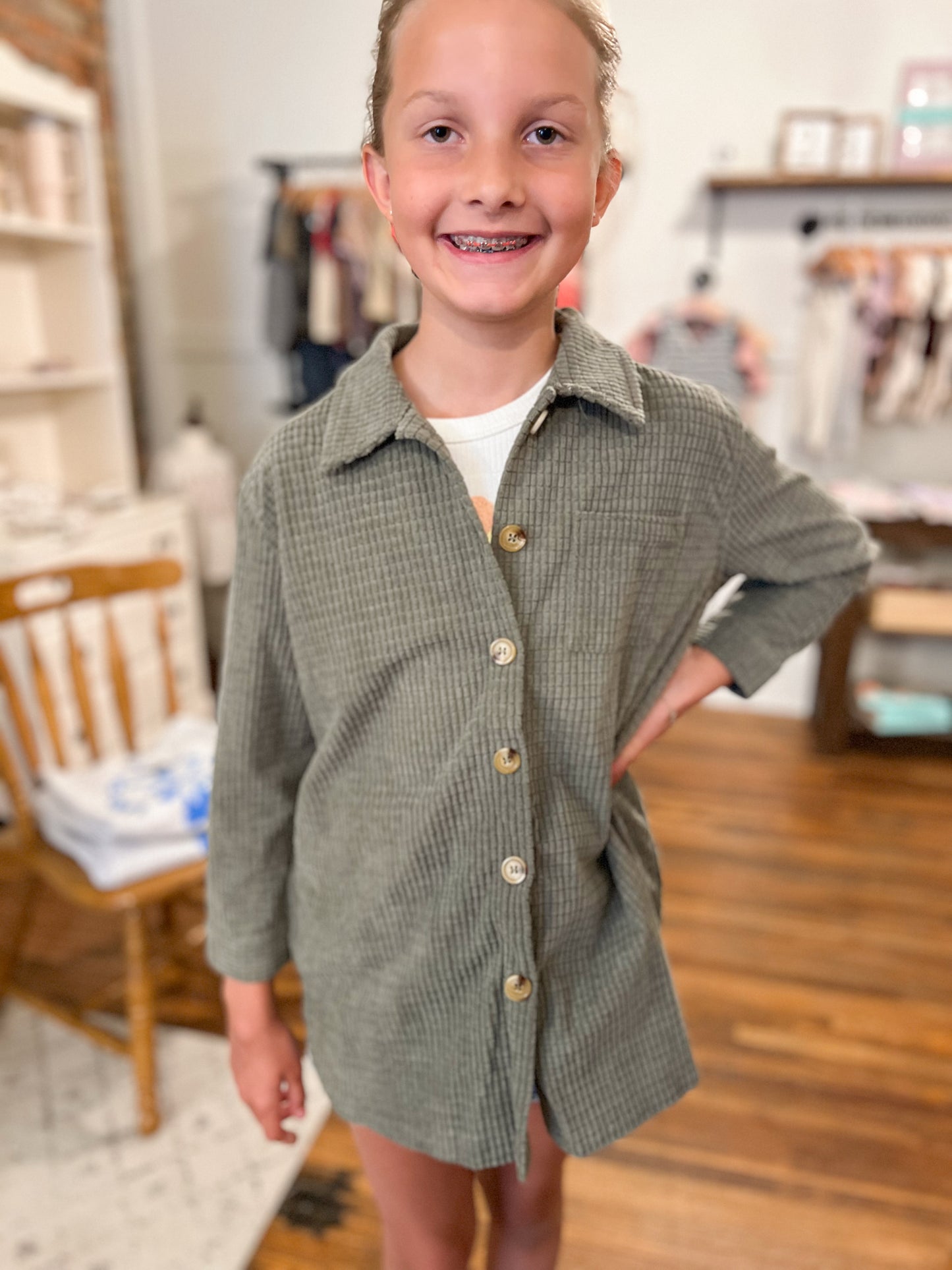 Girls Velvet Yarn Shacket - Olive