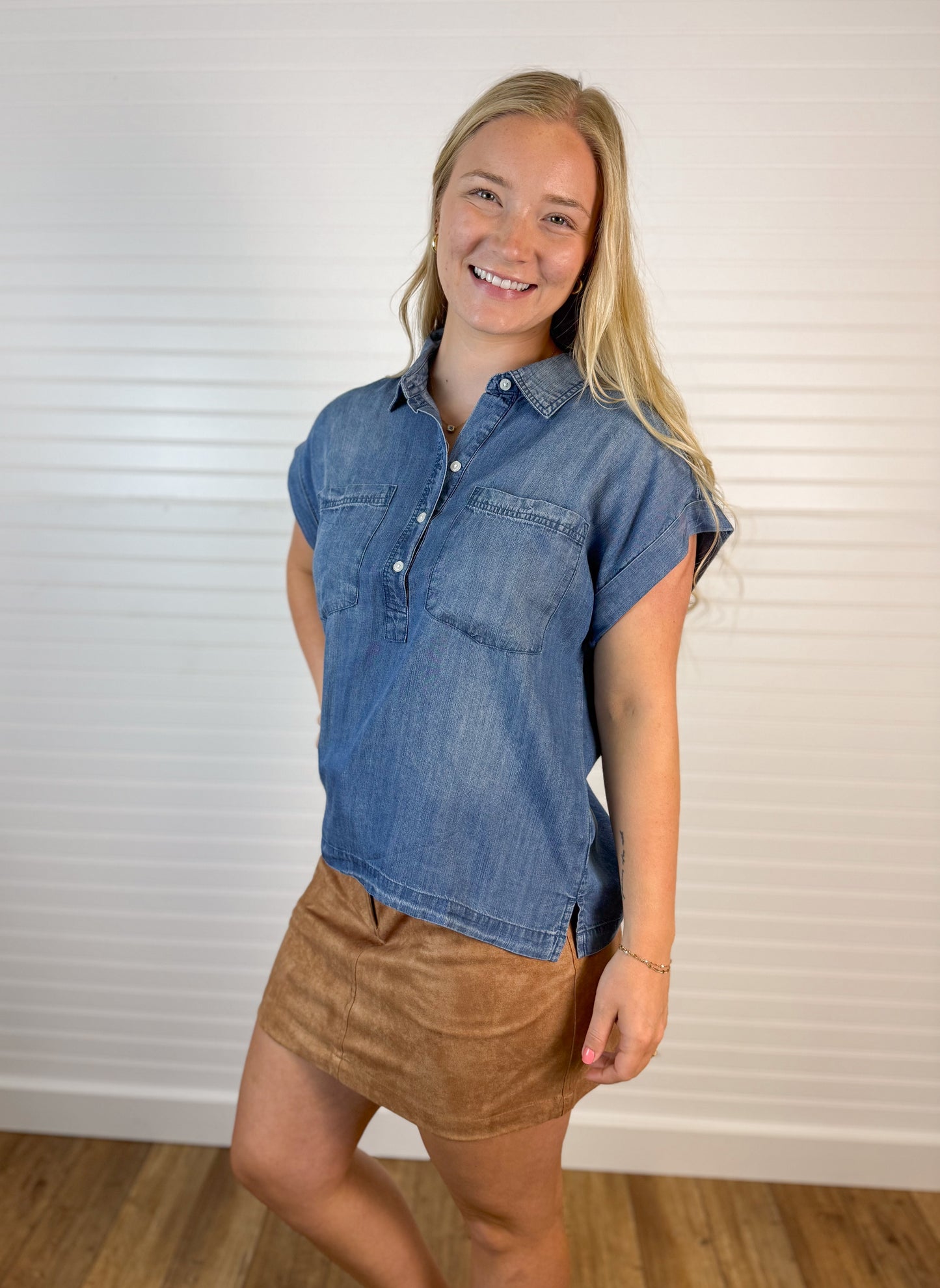 Tencel Collared Short Sleeve Top - Medium Wash