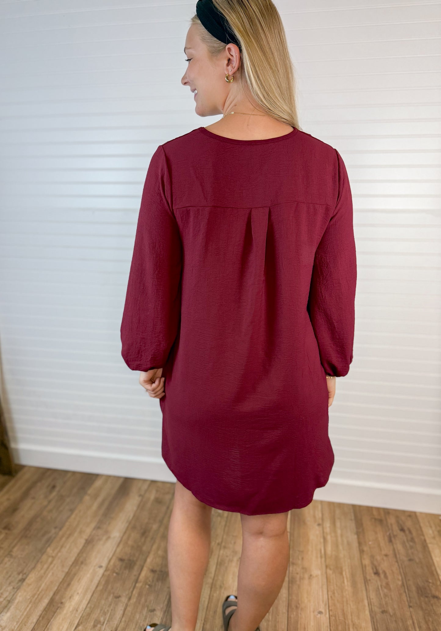 Airflow V-Neck Long Sleeve Dress - Wine