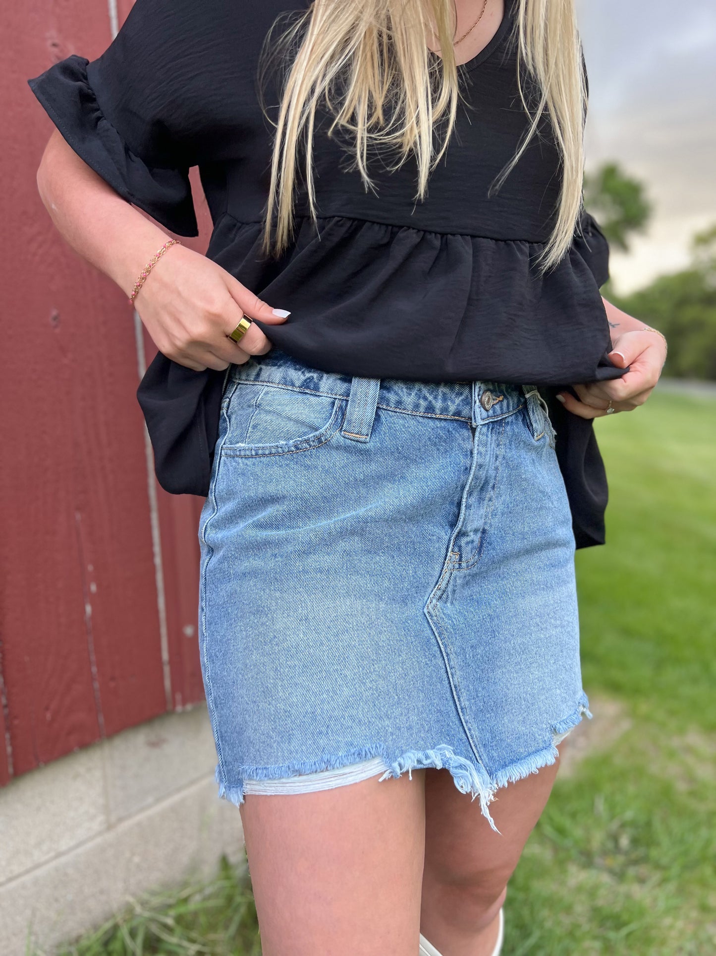 High Rise Frayed Denim Mini Skirt