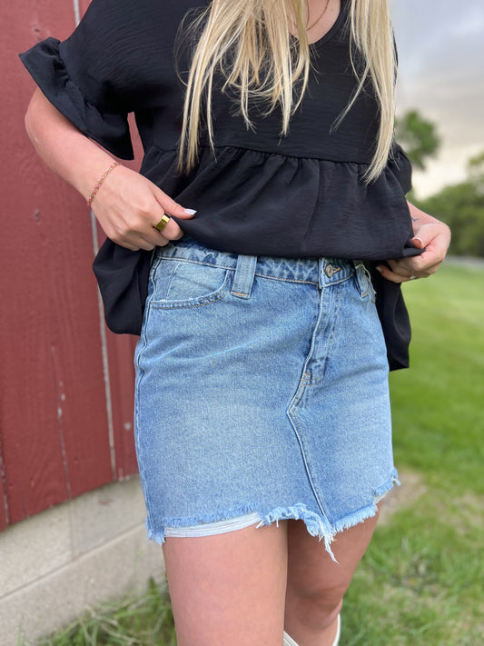 High Rise Frayed Denim Mini Skirt