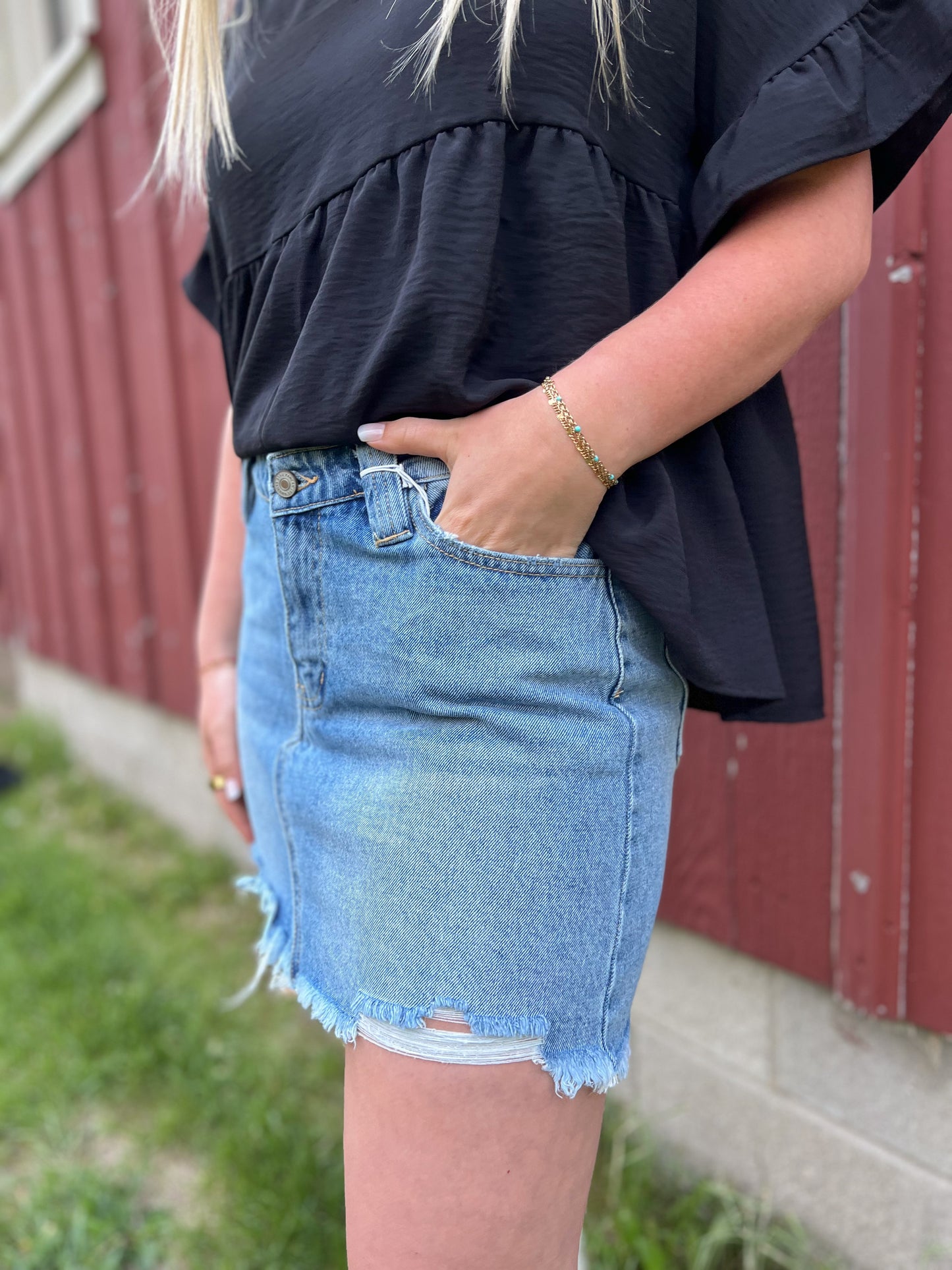 High Rise Frayed Denim Mini Skirt