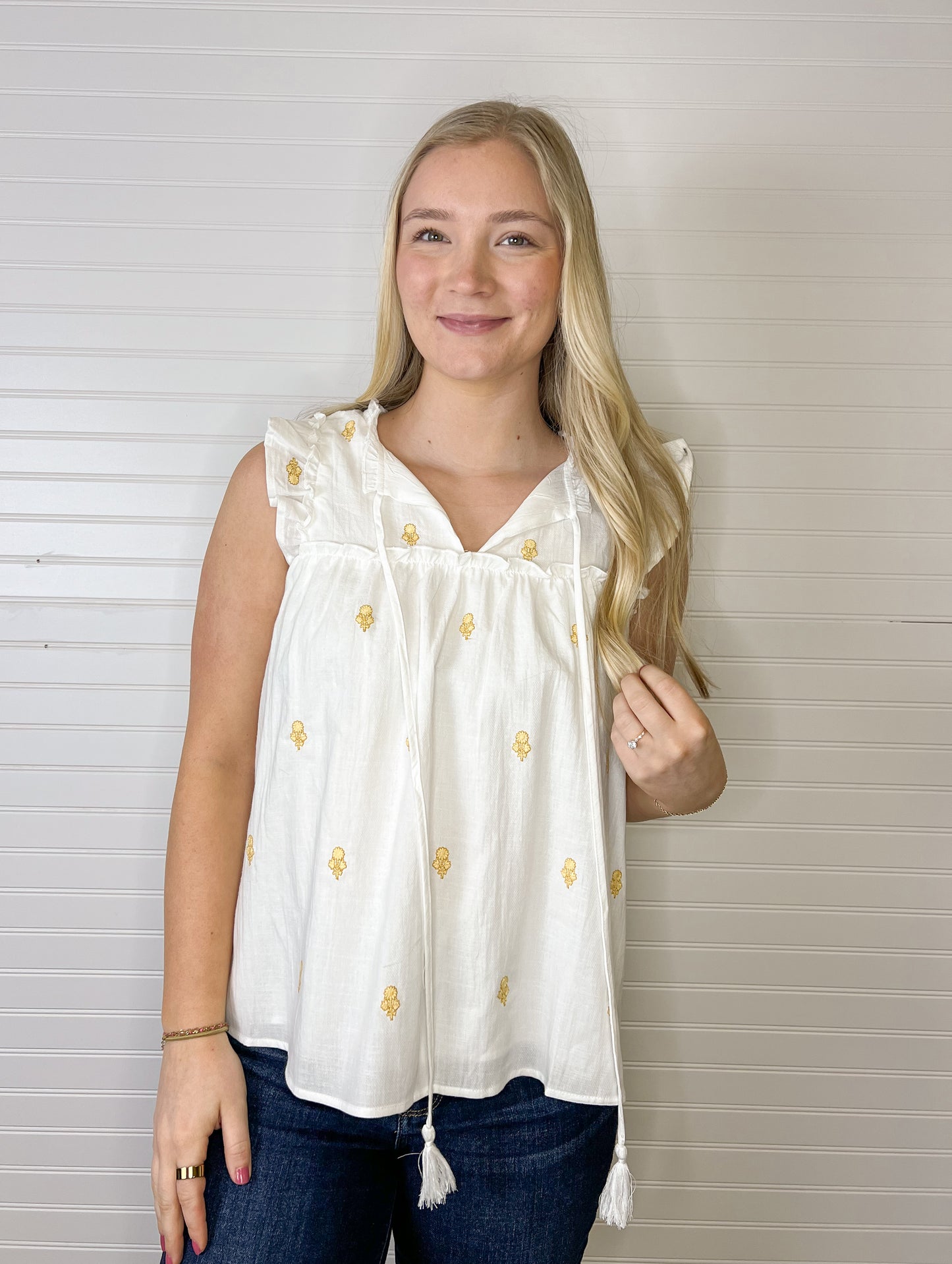Embroidered Ruffle Blouse - Off White/Yellow