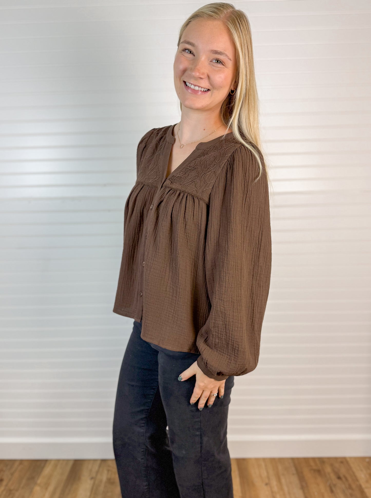 Embroidered Cotton Gauze Blouse - Brown