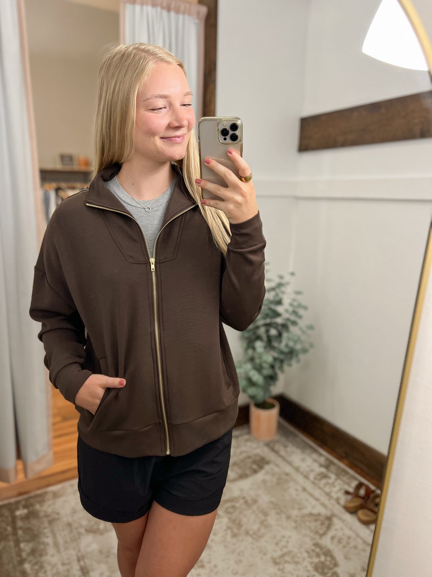 Scuba Gold Trim Zip-Up Jacket - Espresso