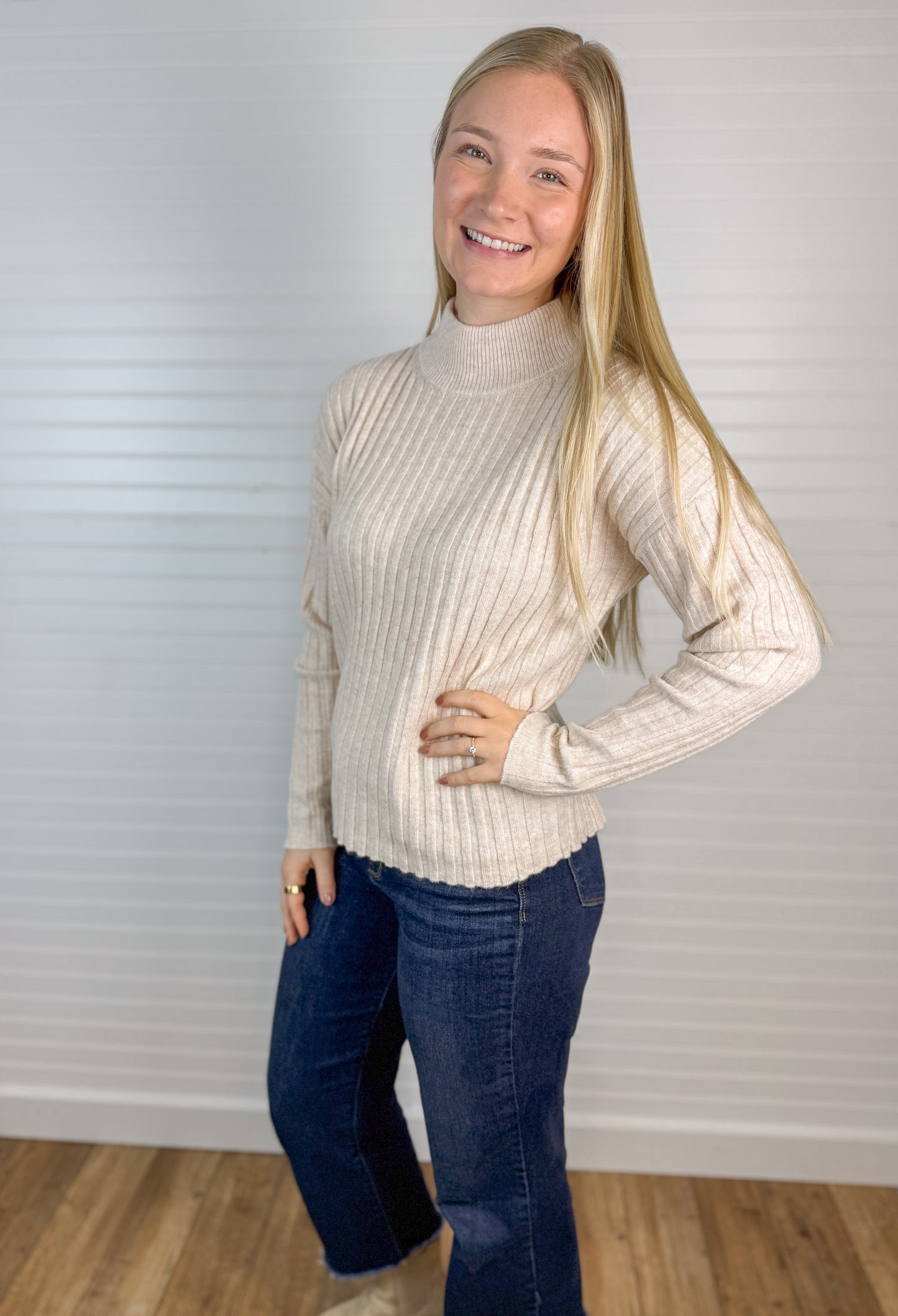 Soft Chunky Ribbed Mock Neck Sweater - Oatmeal