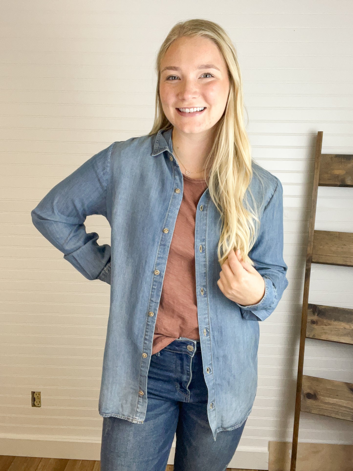 Grace Button Down Top - Medium Wash