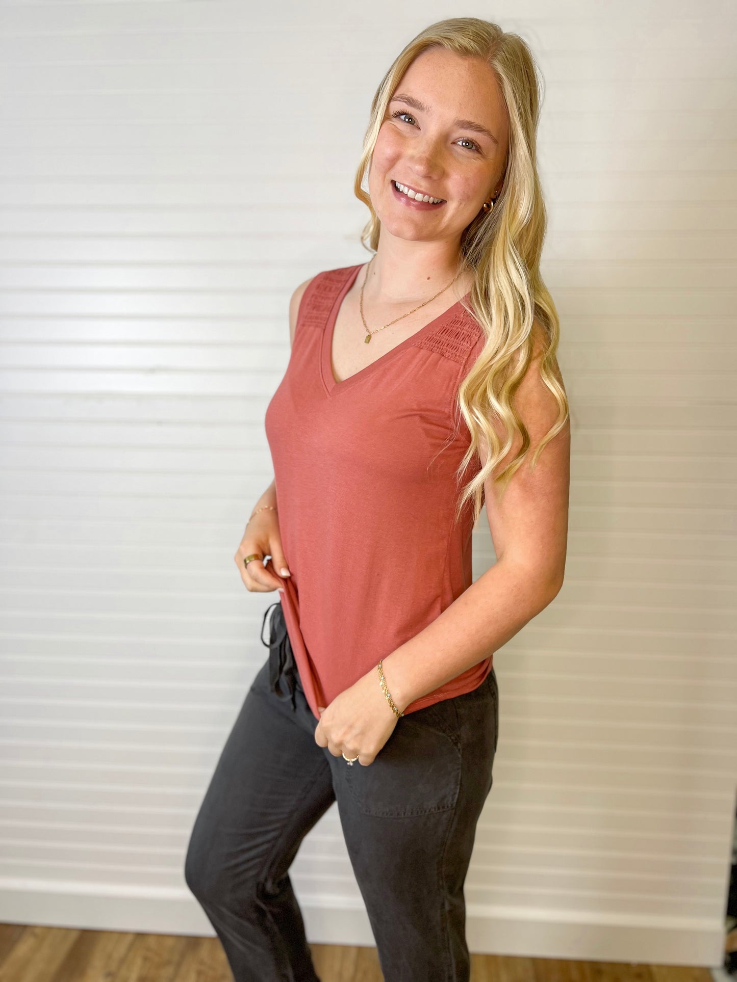Smocked Shoulder V-Neck Tank - Terracotta