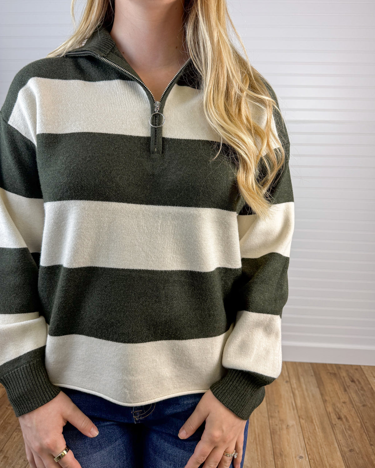 Rugby Striped Half Zip Sweater - Hunter Green