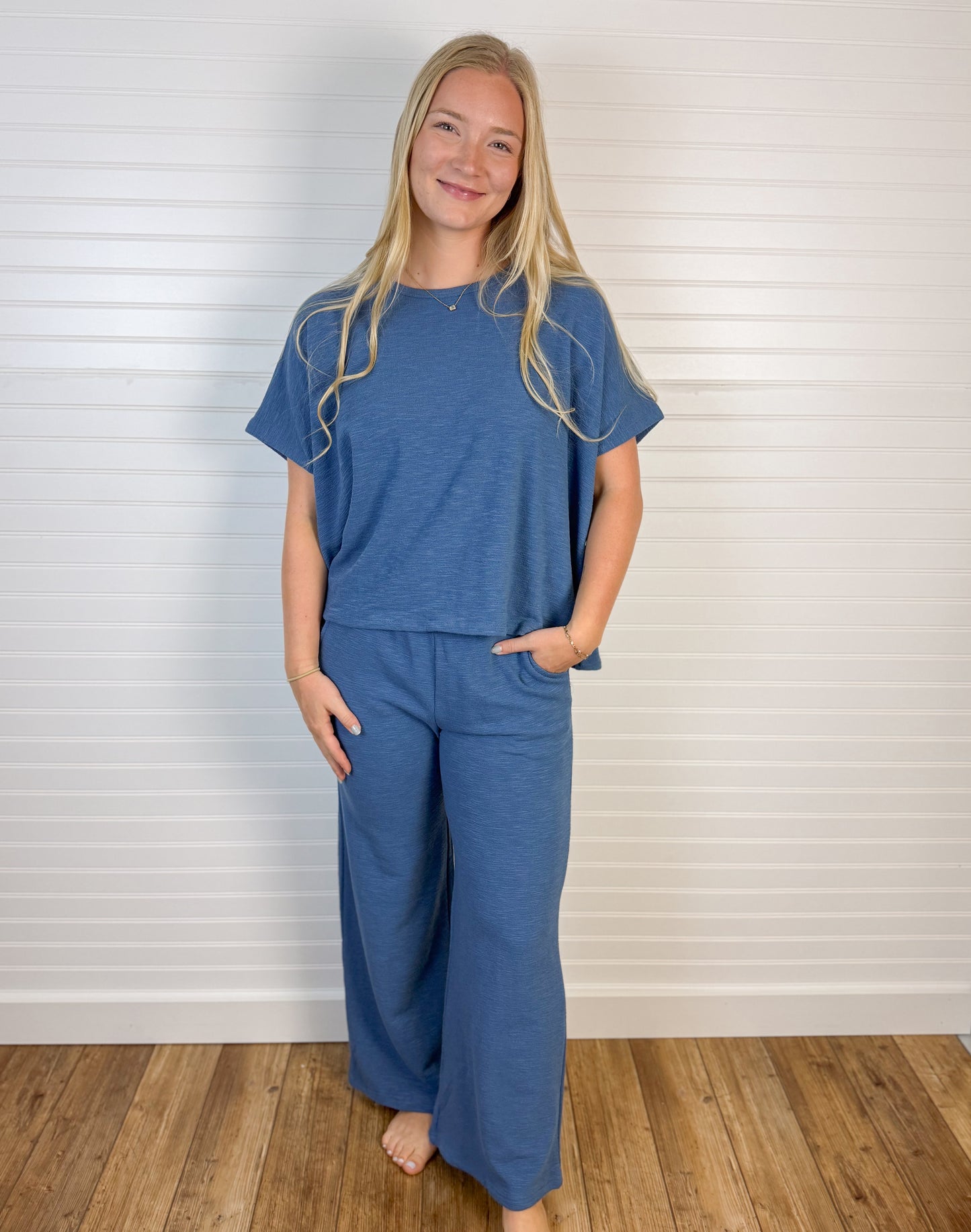 Cotton Blend Slub Top & Pant Set - Blue