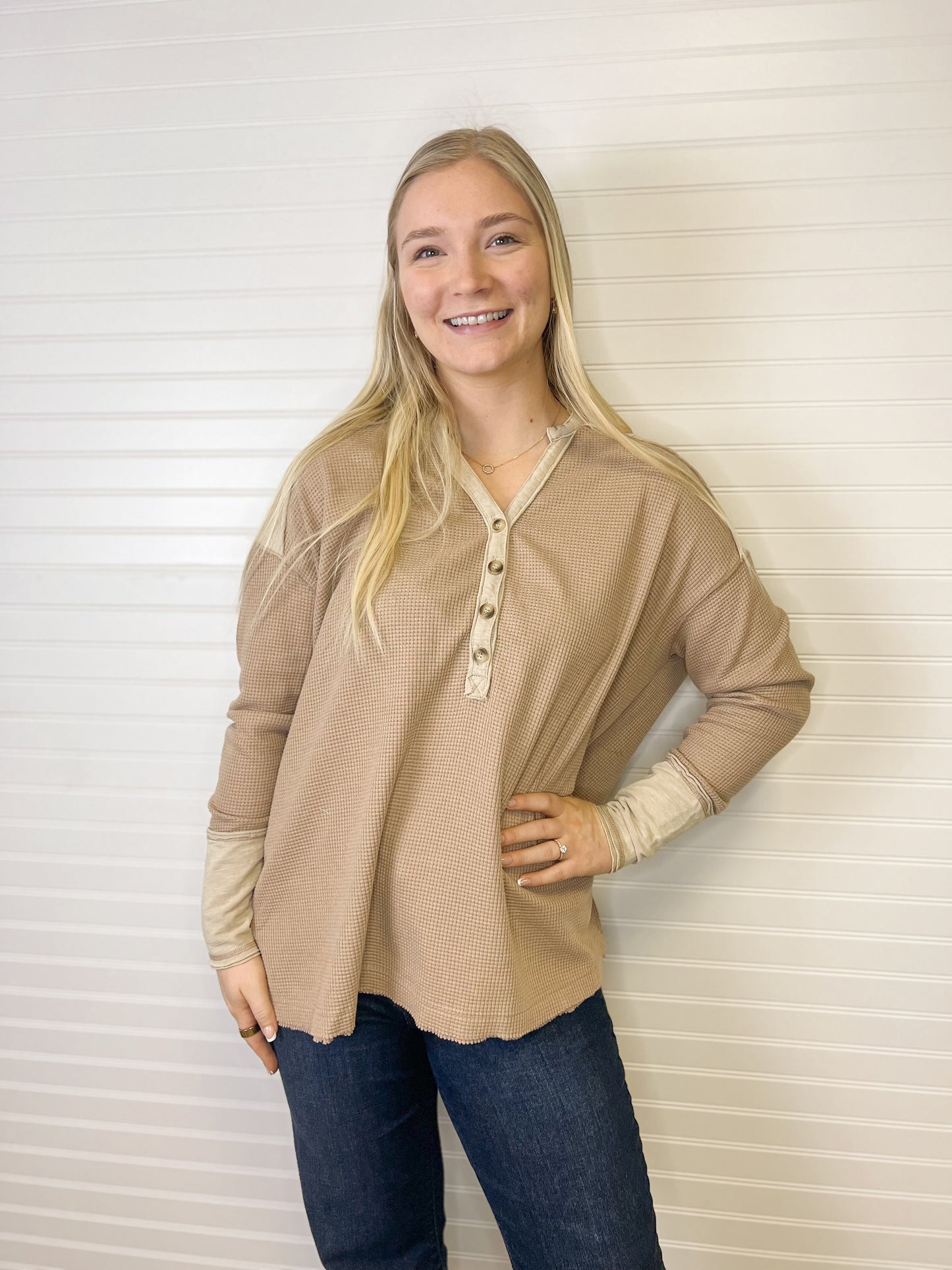 Garment Washed Thermal Henley - Taupe