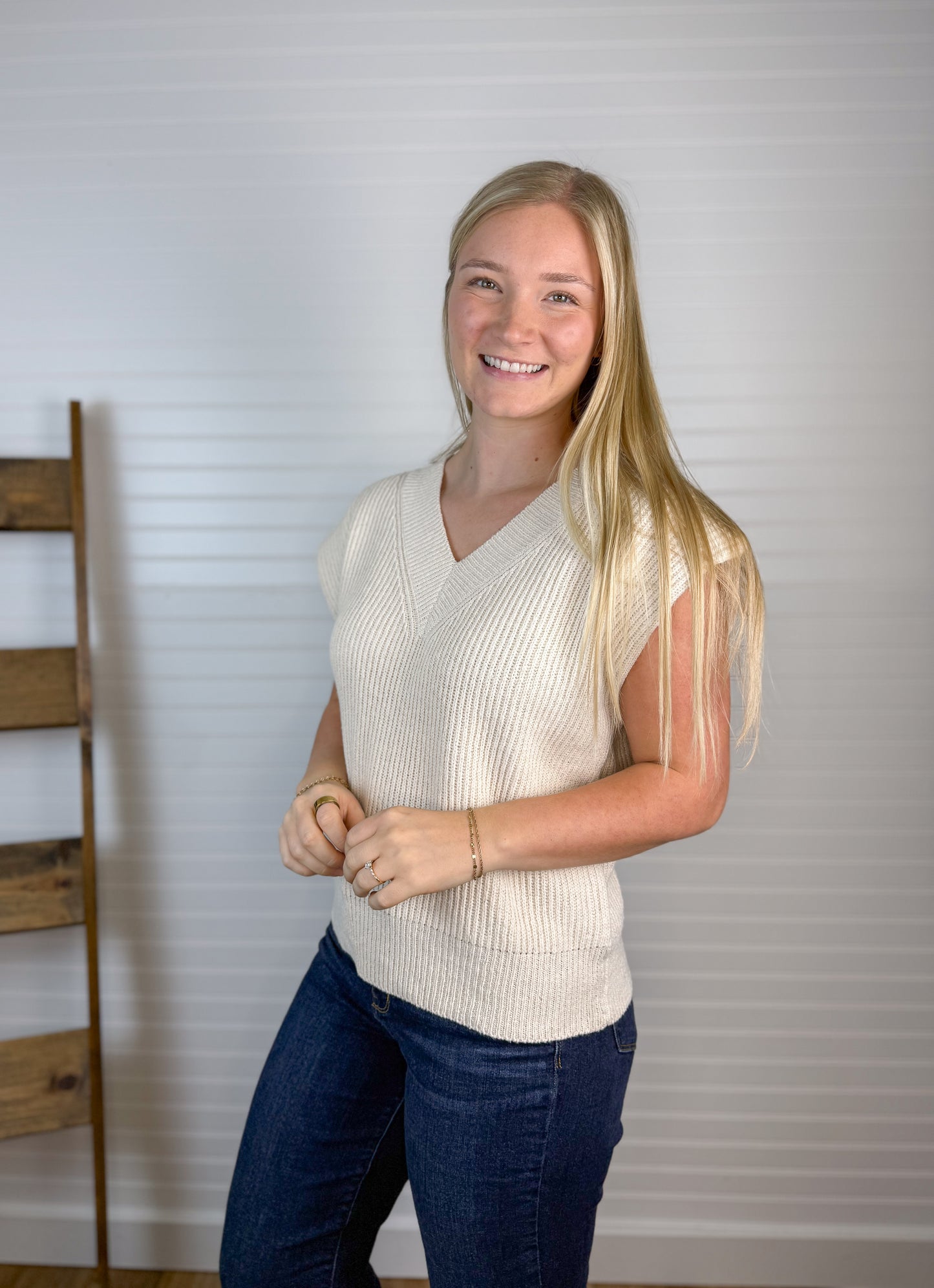V-Neck Knit Sweater Vest - Cream