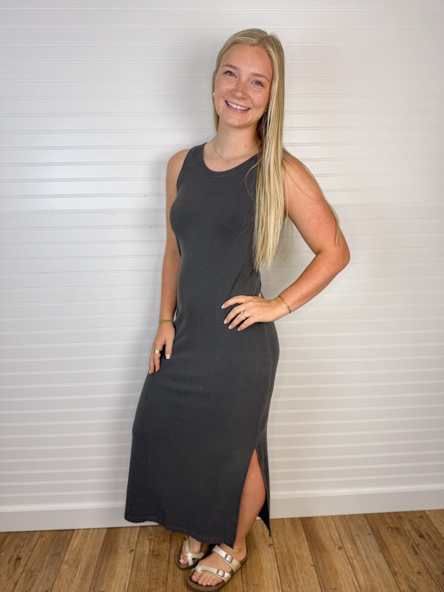 Ribbed Side Slit Tank Dress - Charcoal