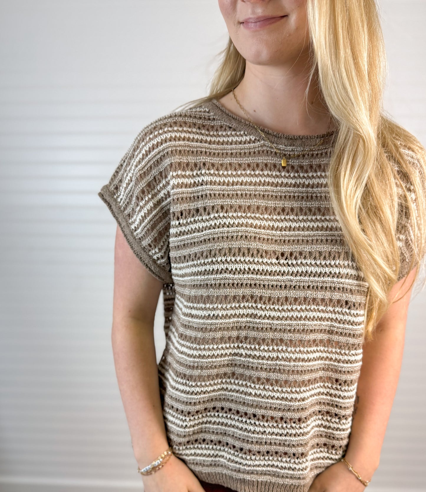 Striped Crochet Short Sleeve Sweater Top - Mocha