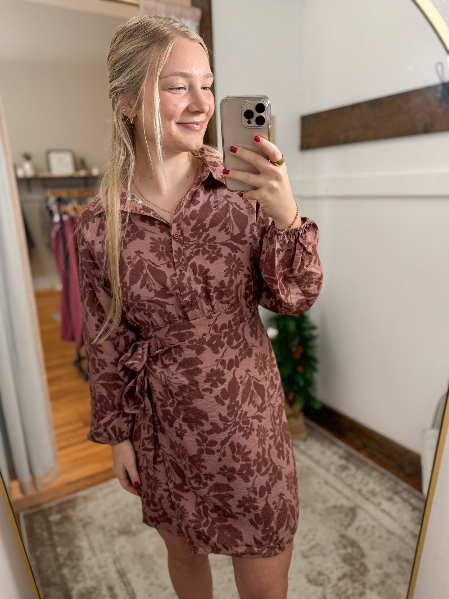 Collar Button Up Long Sleeve Floral Dress